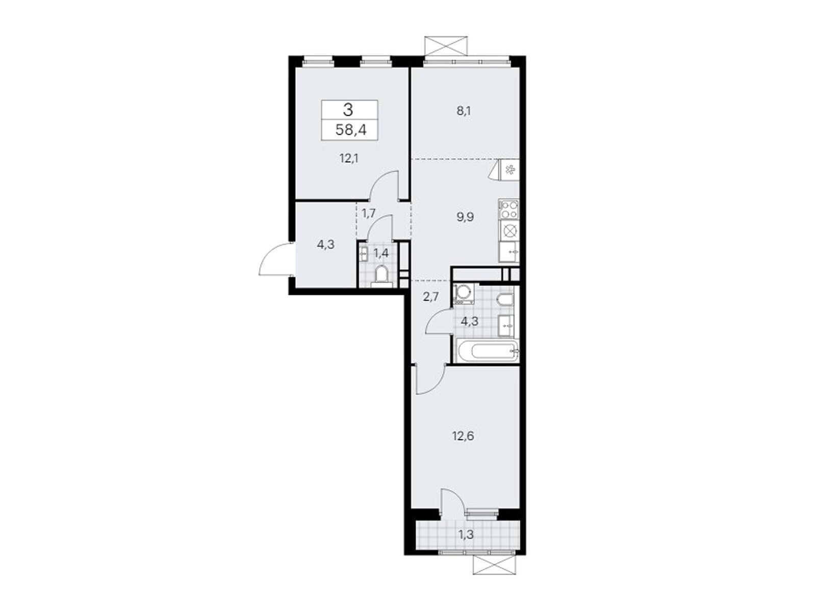 3-комнатная, 58.5 м2, ЖК «Прокшино»