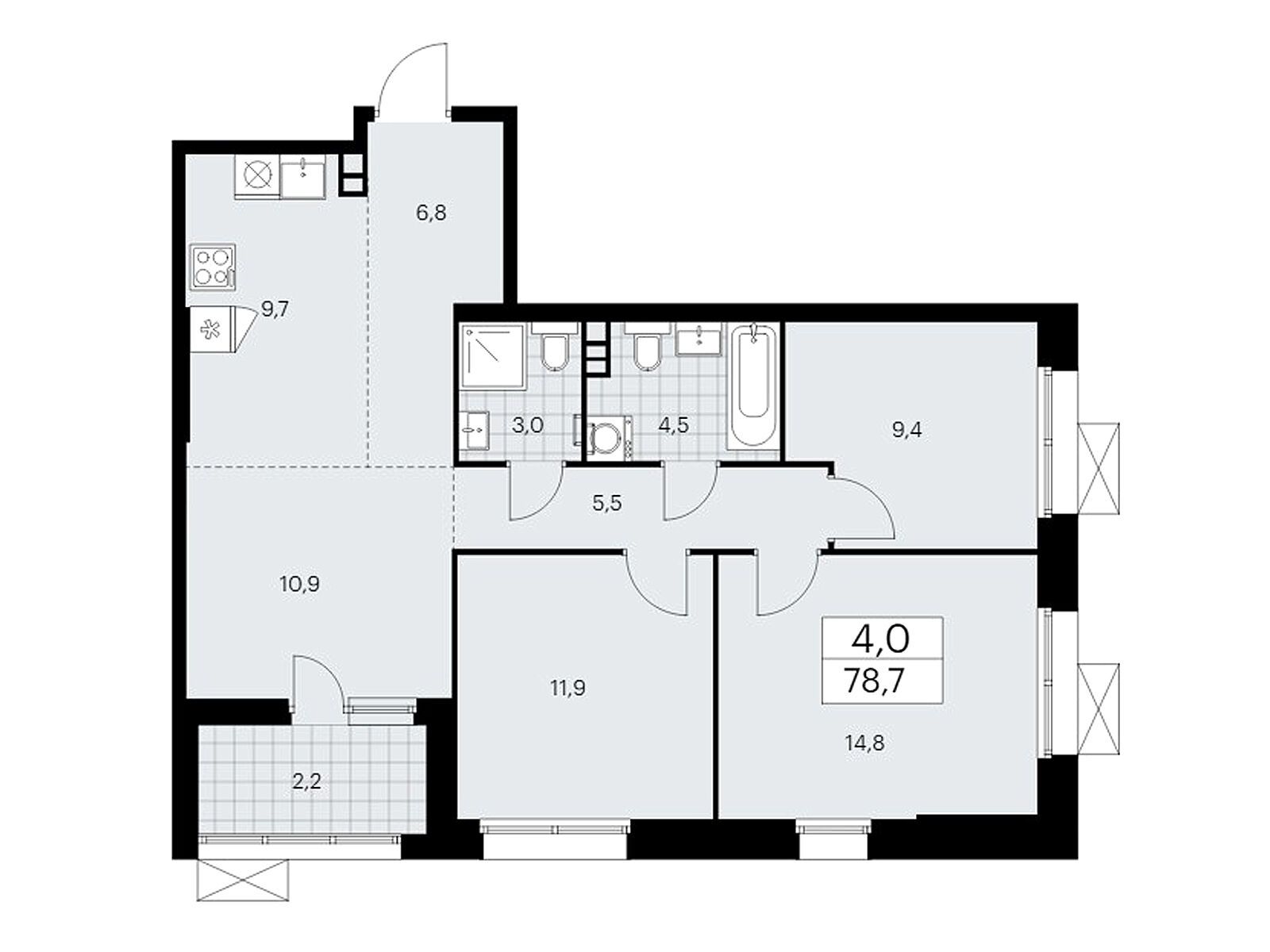 4-комнатная, 78.7 м2, ЖК «Бунинские Кварталы»