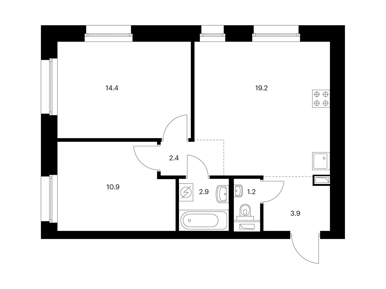 2-комнатная квартира, 54.9 кв.м, Полар