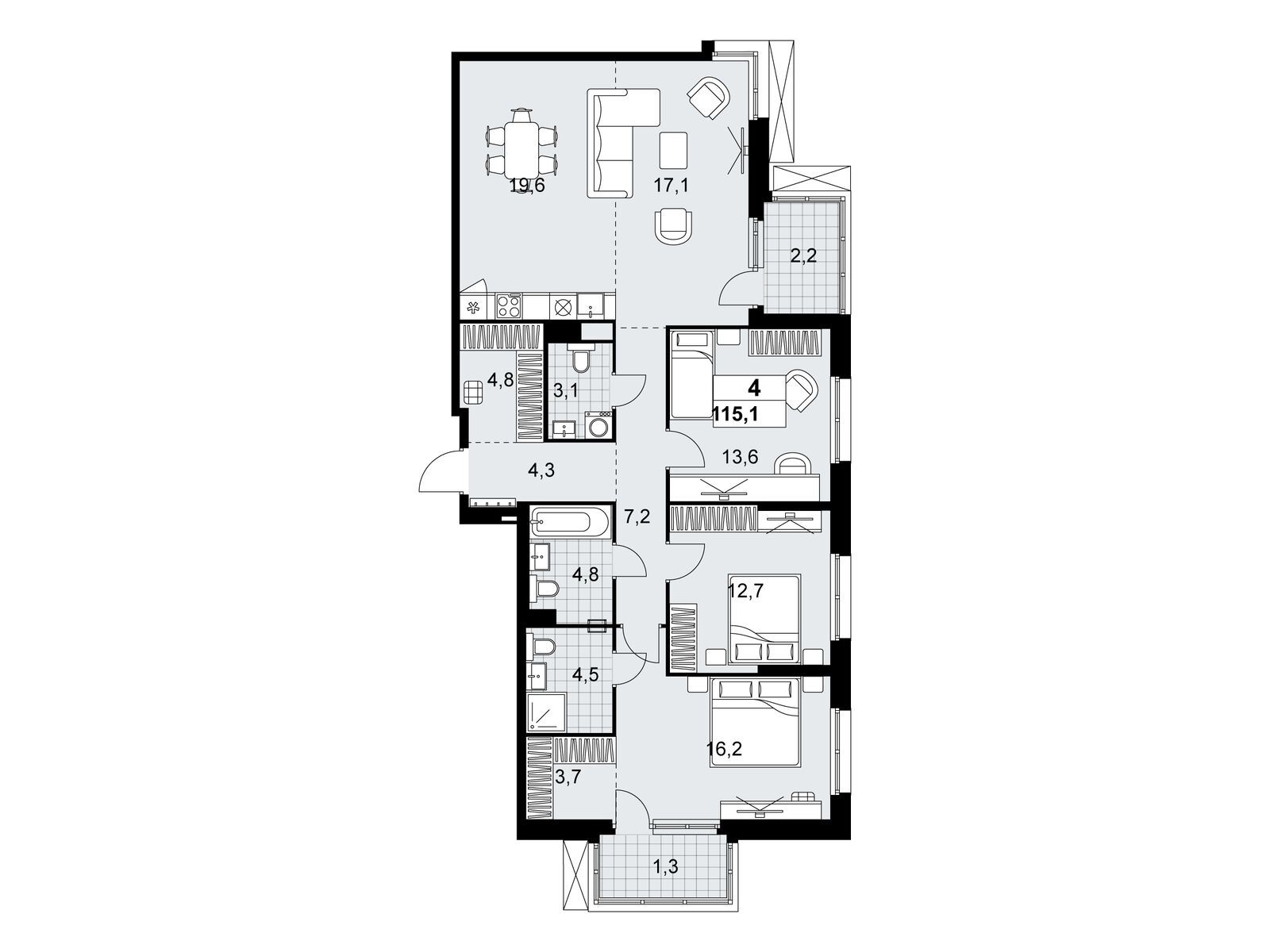 4-комнатная квартира, 115.1 кв.м, ЖК «Дзен-кварталы»