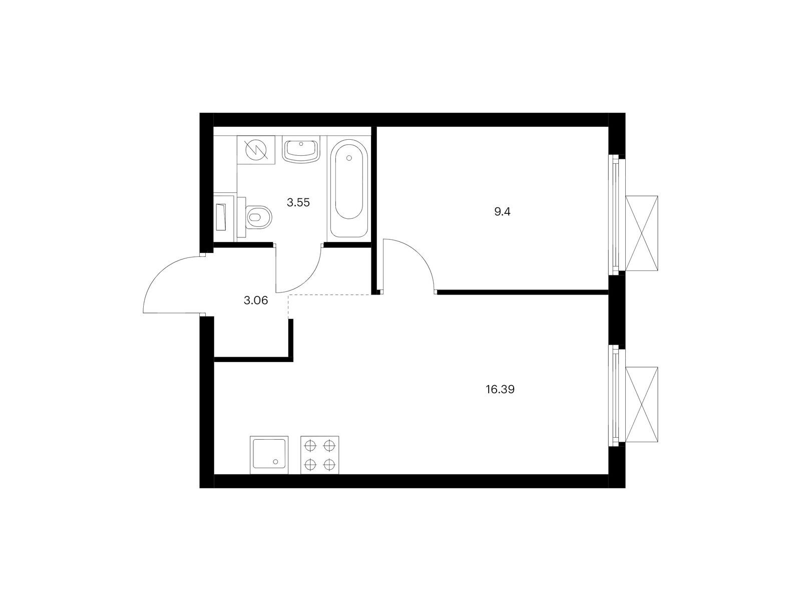 1-комнатная квартира, 32.4 кв.м, Ютаново