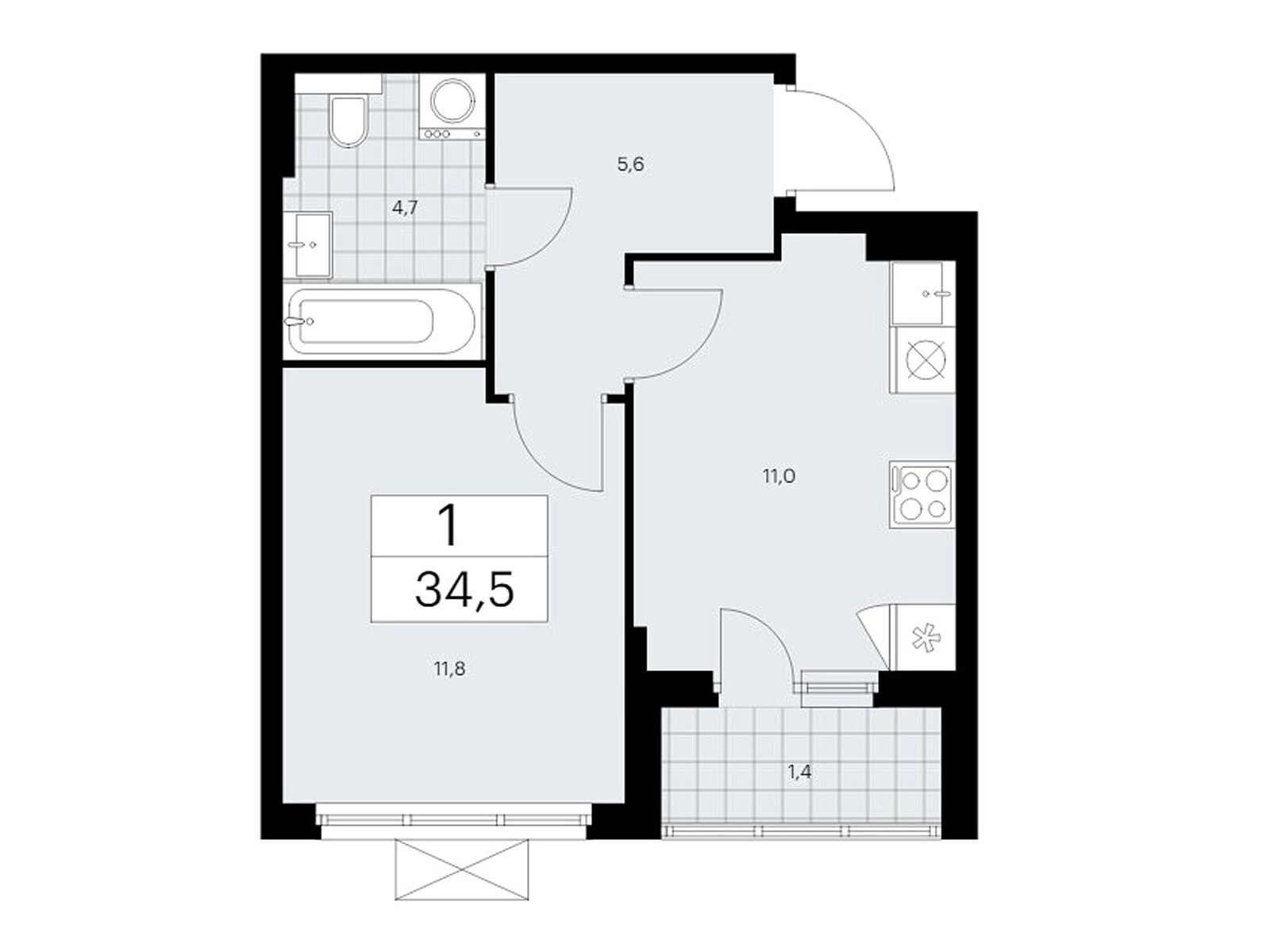 1-комнатная квартира, 34.6 кв.м, ЖК «Бунинские Кварталы»