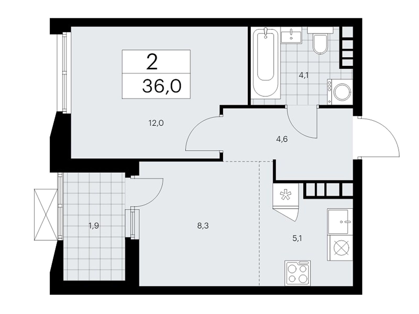2-комнатная квартира, 36 кв.м, ЖК "Бунинские кварталы"