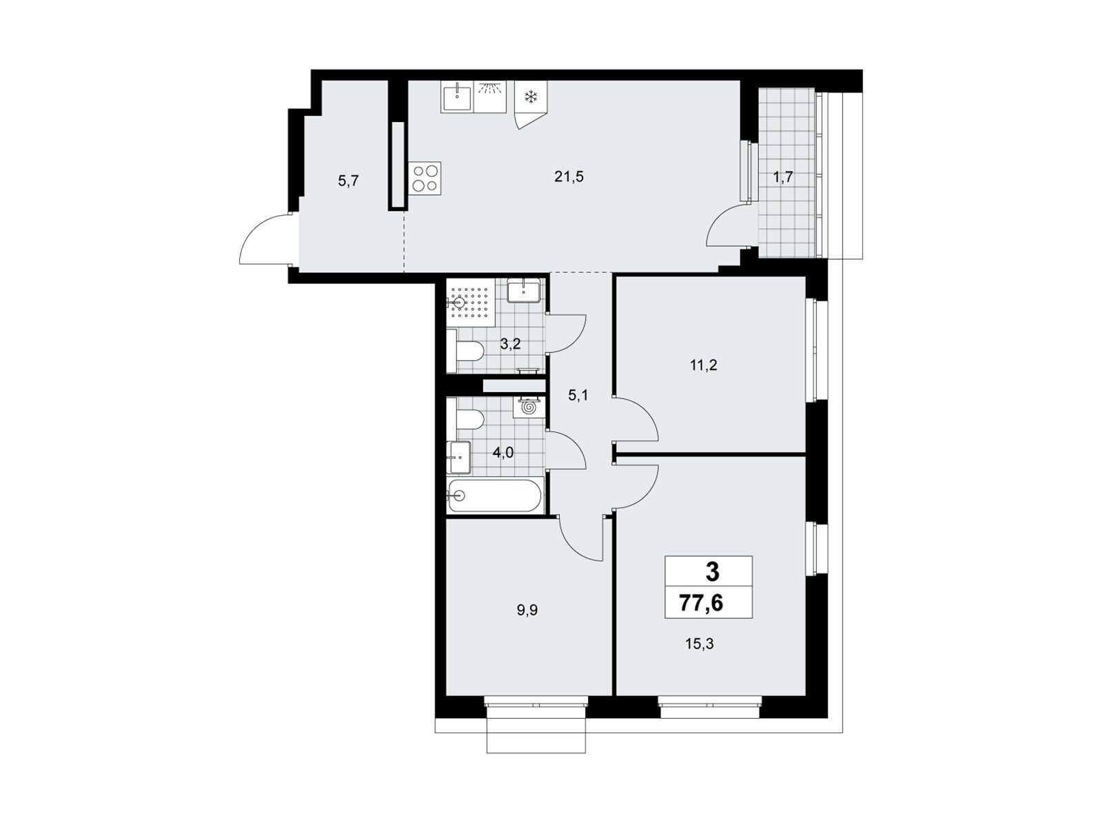3-комнатная, 77.6 м², 7 этаж из 19, ЖК «Деснаречье»