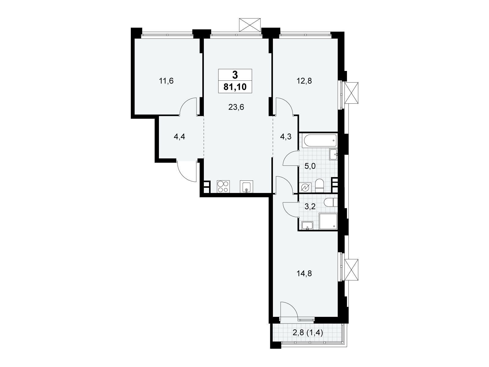 3-комнатная, 81.1 м2, ЖК «Скандинавия»