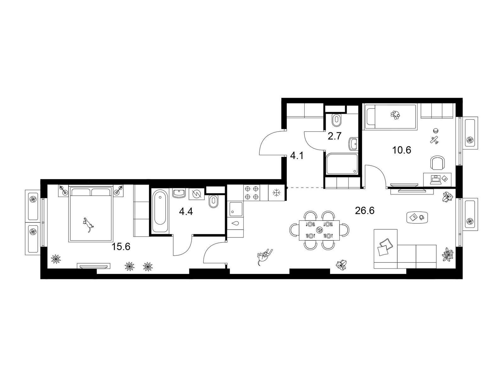 2-комнатная квартира, 64 кв.м, Яуза парк