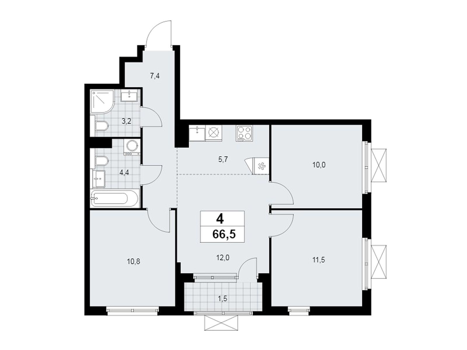 4-комнатная, 66.5 м2, ЖК «Бунинские Кварталы»