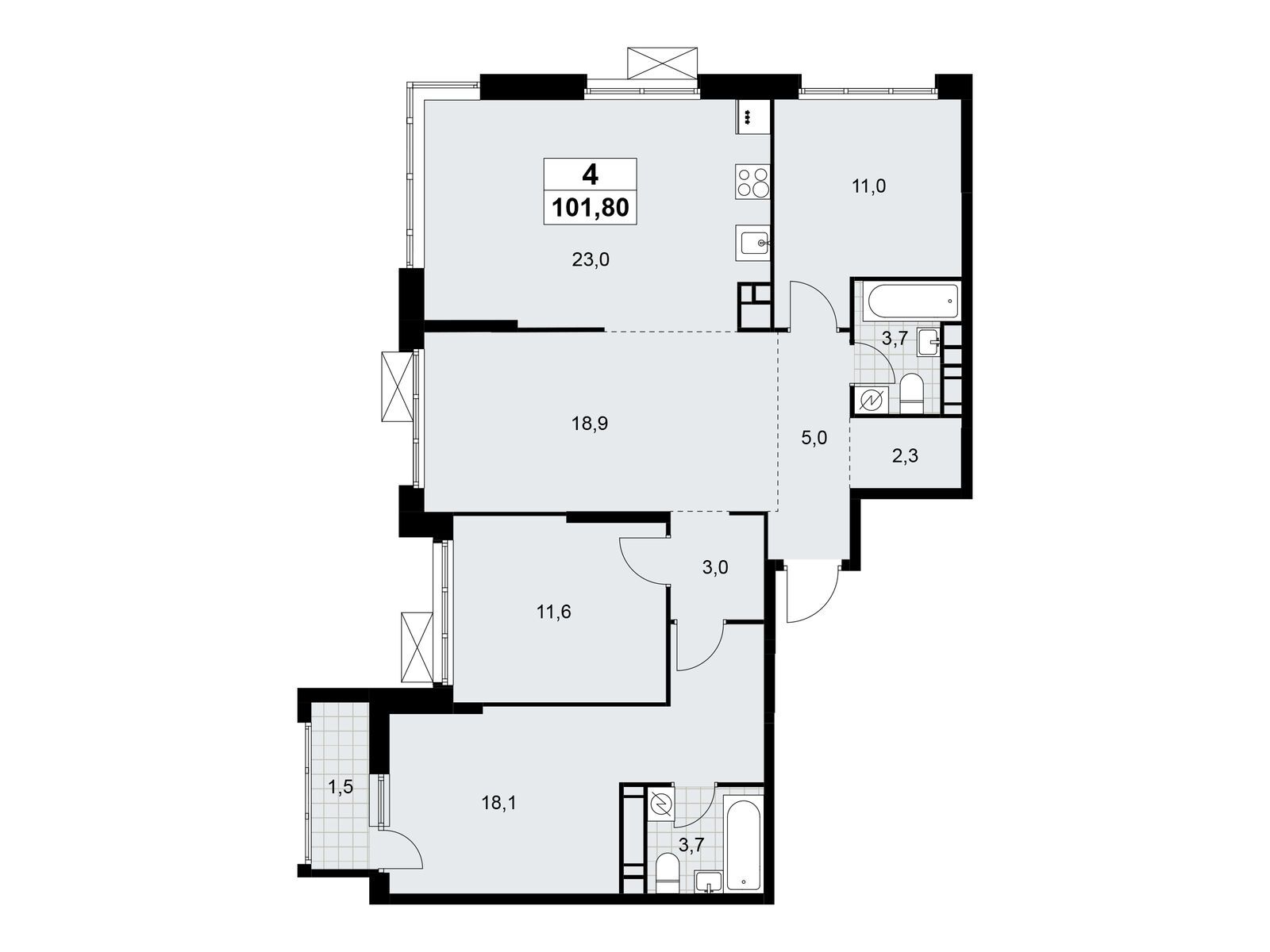 4-комнатная, 101.8 м2, ЖК «Скандинавия»