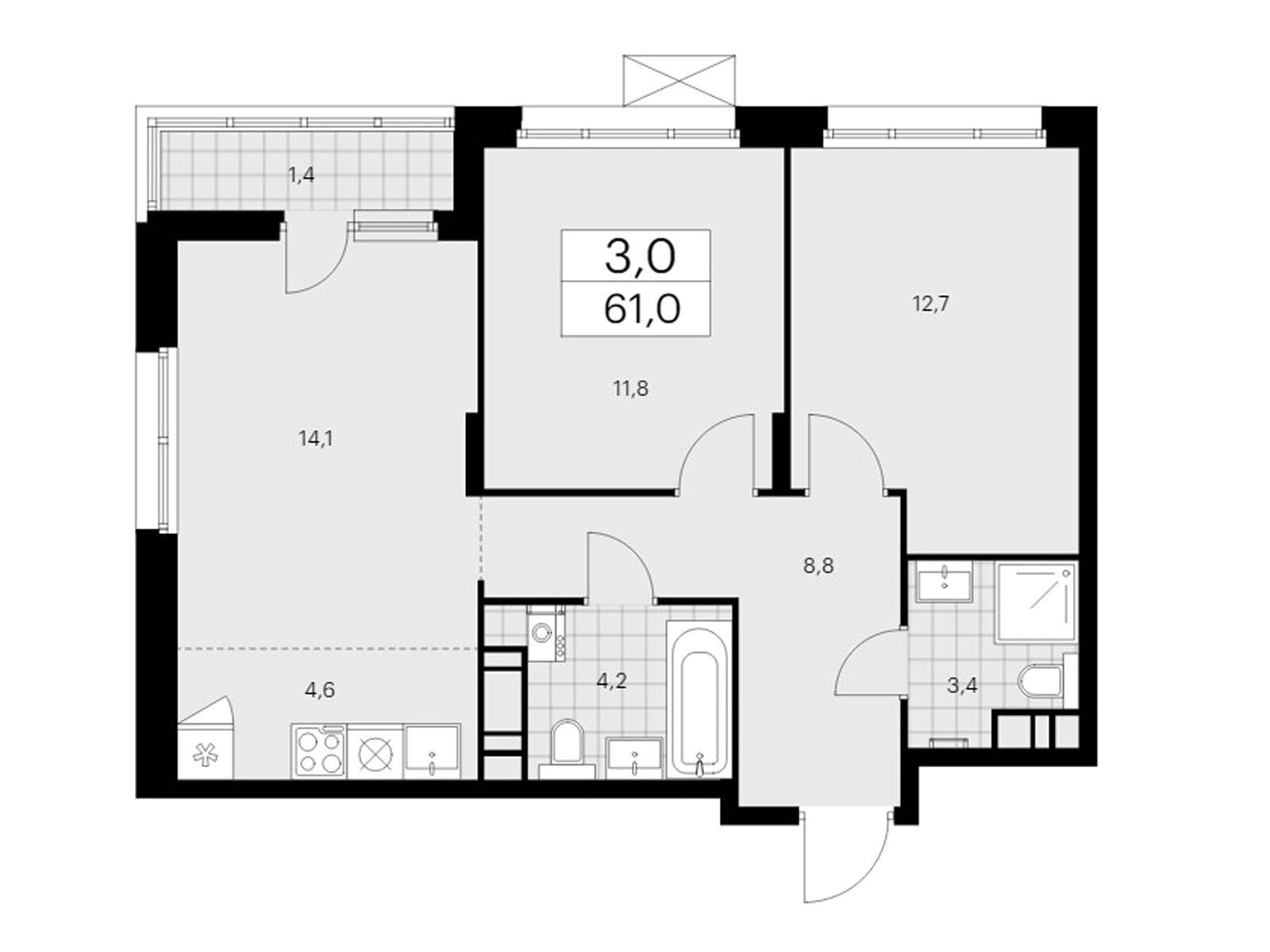 3-комнатная, 60.7 м2, ЖК «Прокшино»