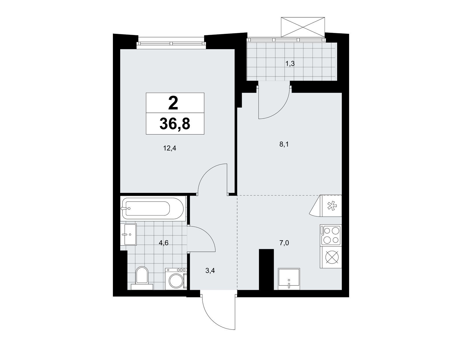 2-комнатная, 36.8 м2, ЖК «Дзен-кварталы»