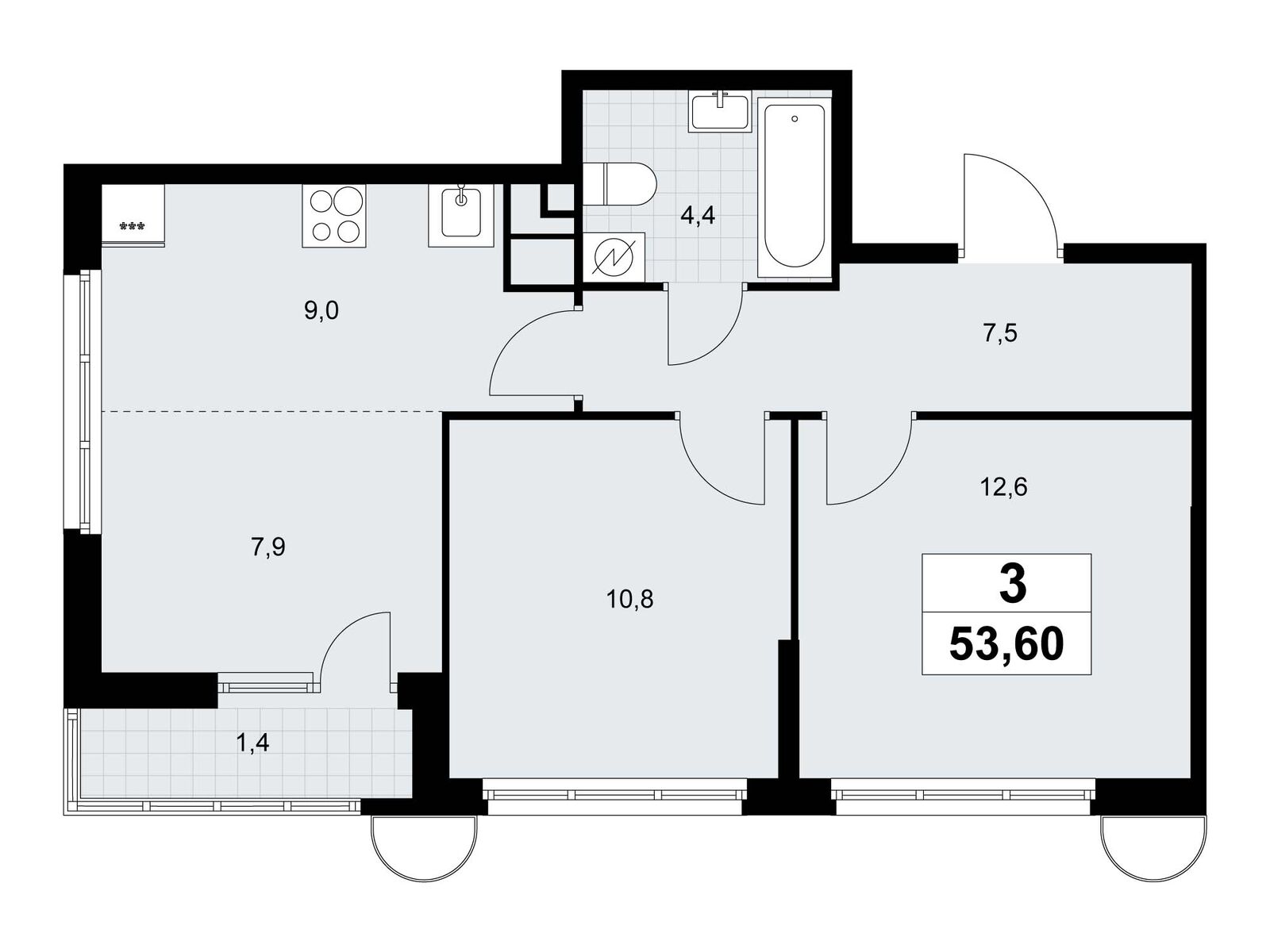 3-комнатная, 53.6 м2, ЖК «Родные кварталы»
