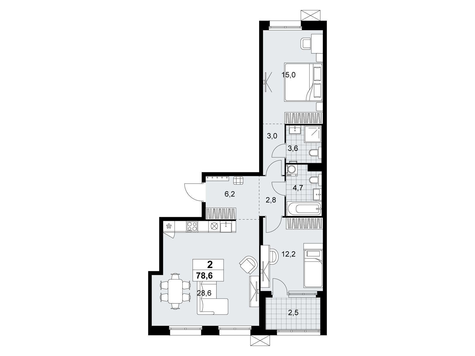 2-комнатная, 78.6 м2, ЖК «Дзен-кварталы»