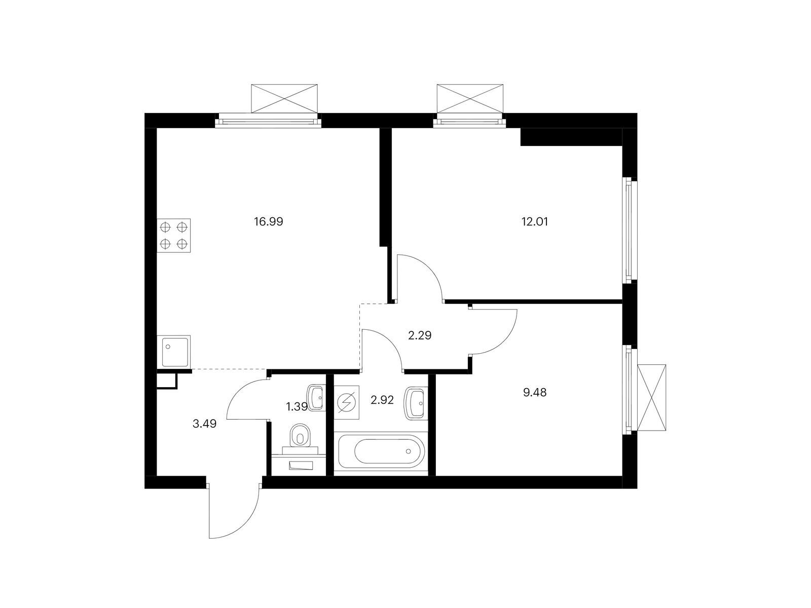 2-комнатная квартира, 48.57 кв.м, Ютаново