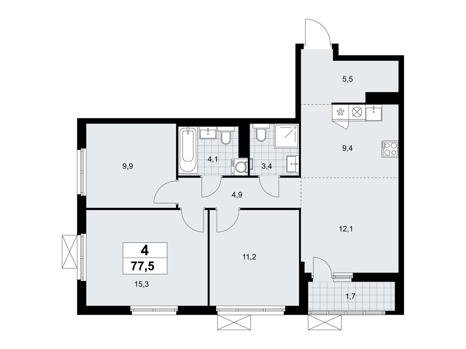 4-комнатная квартира, 77.5 кв.м, ЖК «Дзен-кварталы»