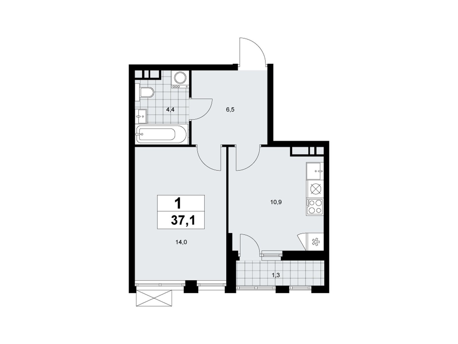 1-комнатная, 37.1 м2, ЖК «Бунинские Кварталы»
