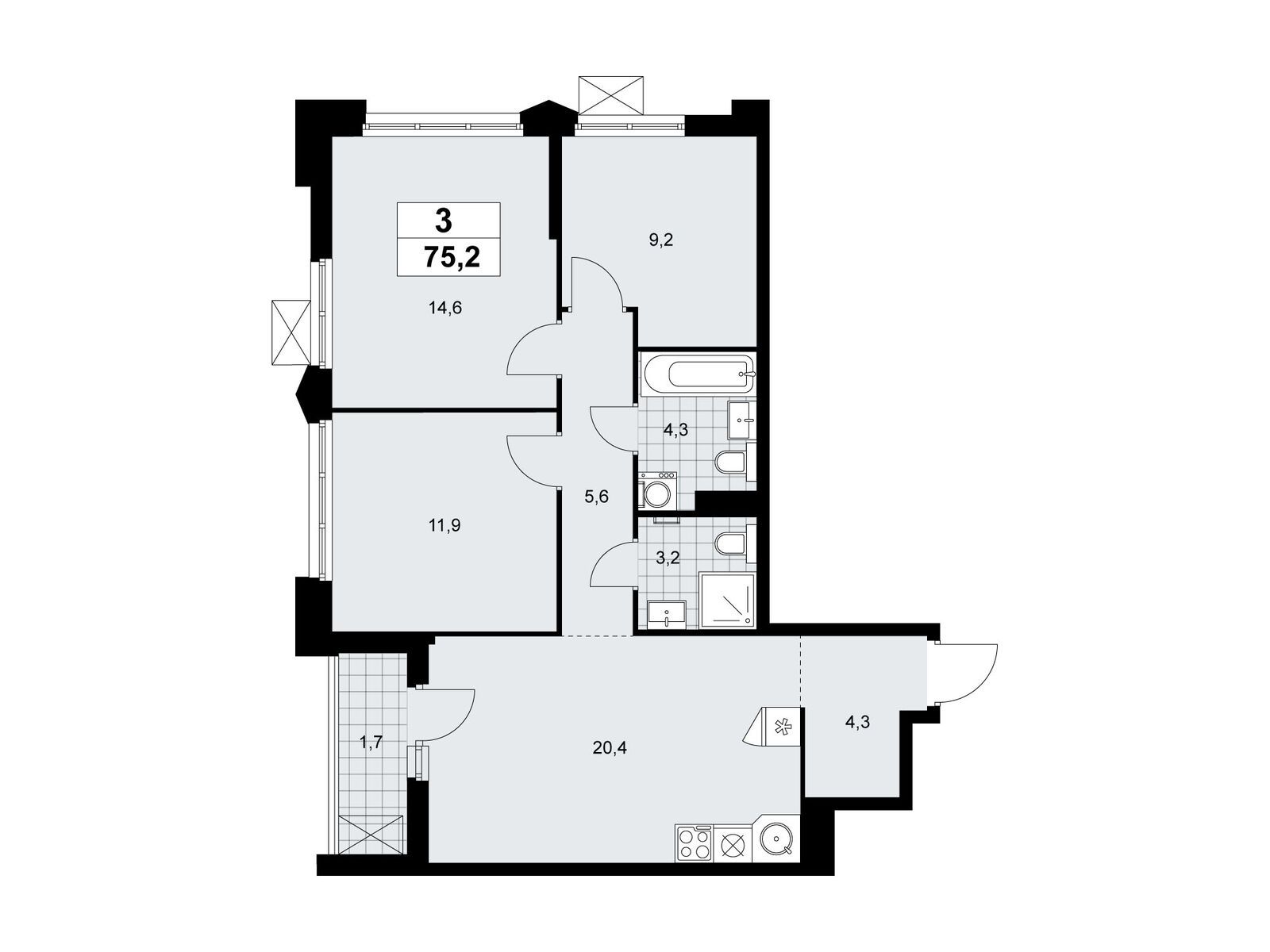 3-комнатная, 75.2 м2, ЖК «Деснаречье»