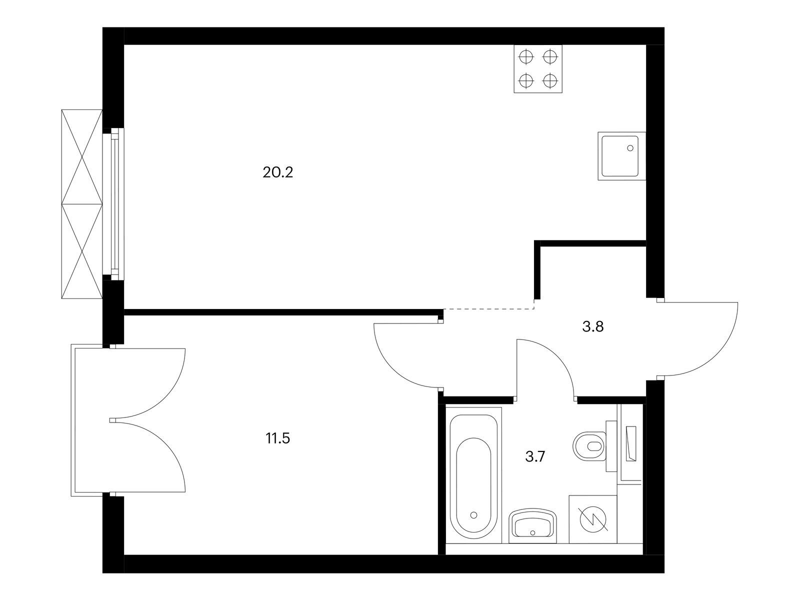 1-комнатная, 39.2 м2, Красноказарменная 15