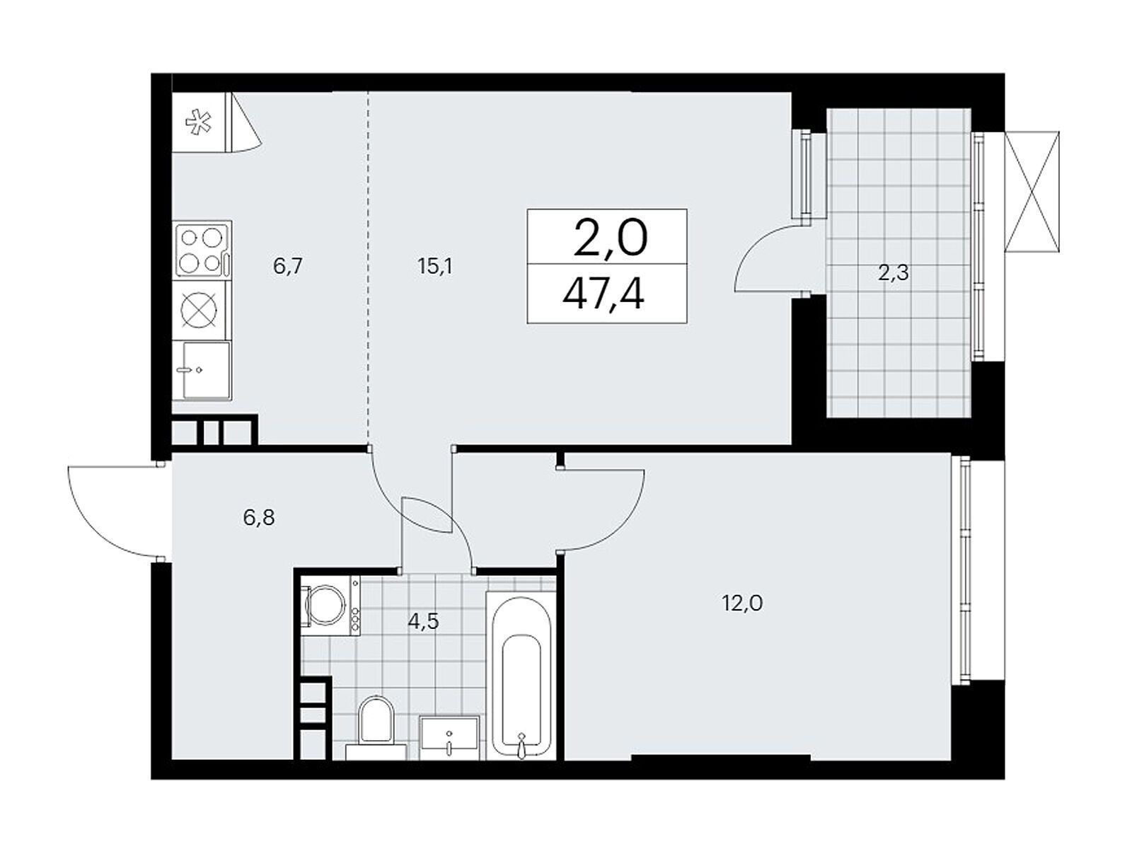 2-комнатная квартира, 47.1 кв.м, ЖК «Бунинские Кварталы»