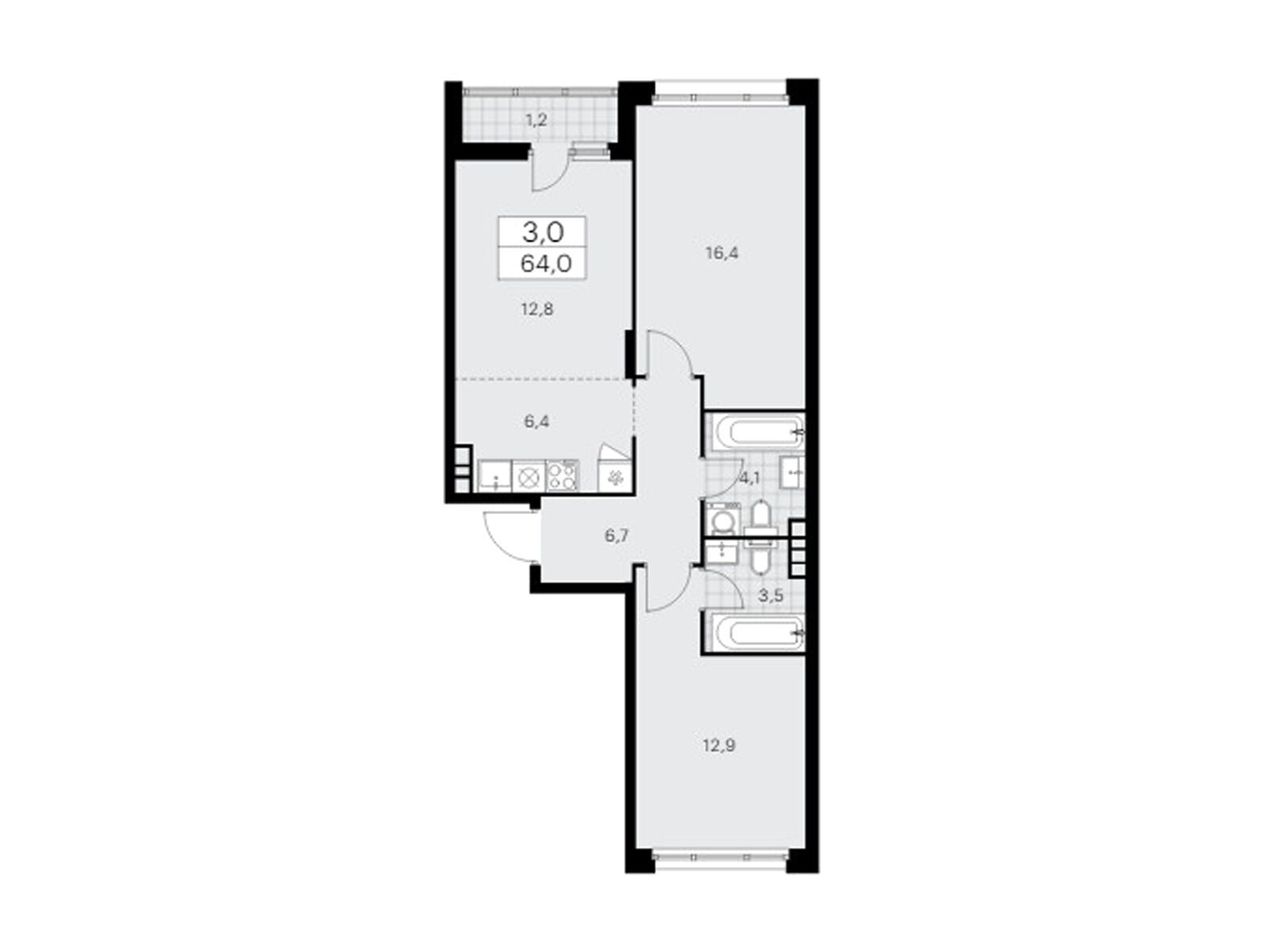 3-комнатная, 64 м2, ЖК «Прокшино»
