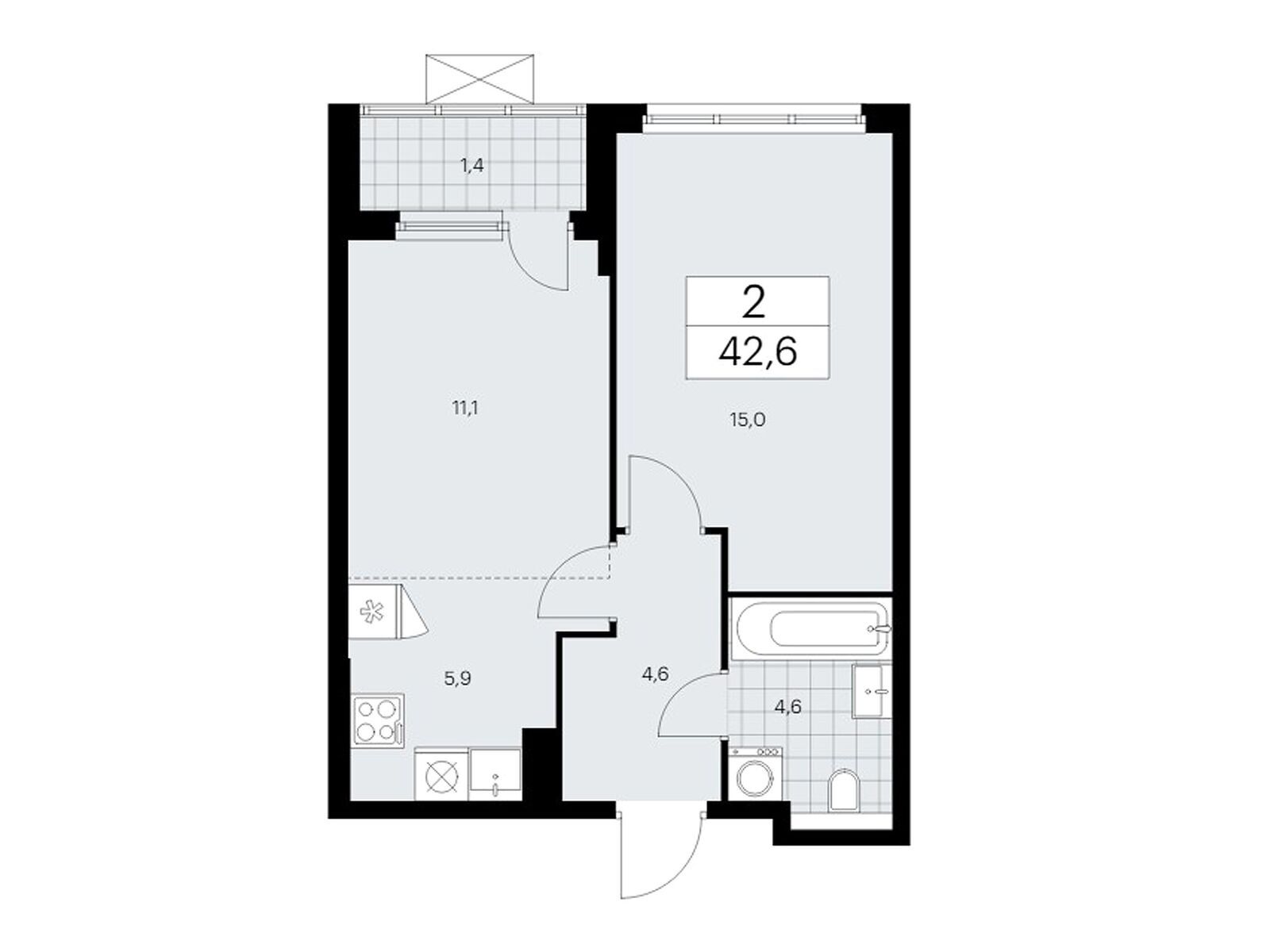 2-комнатная квартира, 42.5 кв.м, ЖК "Бунинские кварталы"