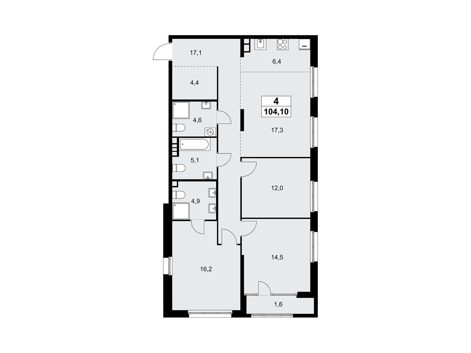 4-комнатная, 104.1 м2, «Дом на Зорге»