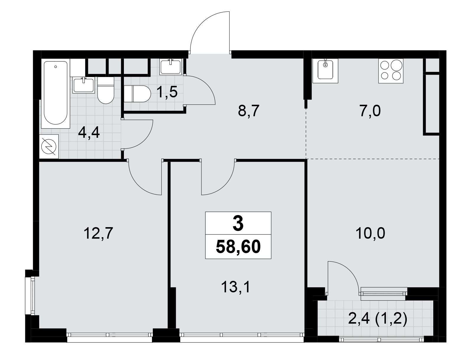 3-комнатная квартира, 58.6 кв.м, ЖК "Южные Сады"