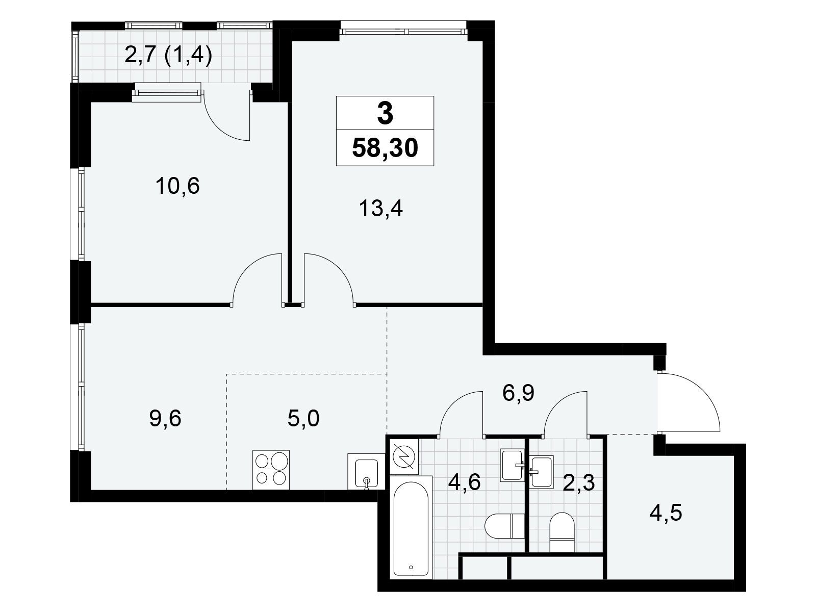 3-комнатная, 58.3 м2, ЖК «Южные сады» 3-комнатная, 58.3 м2, ЖК «Южные сады»