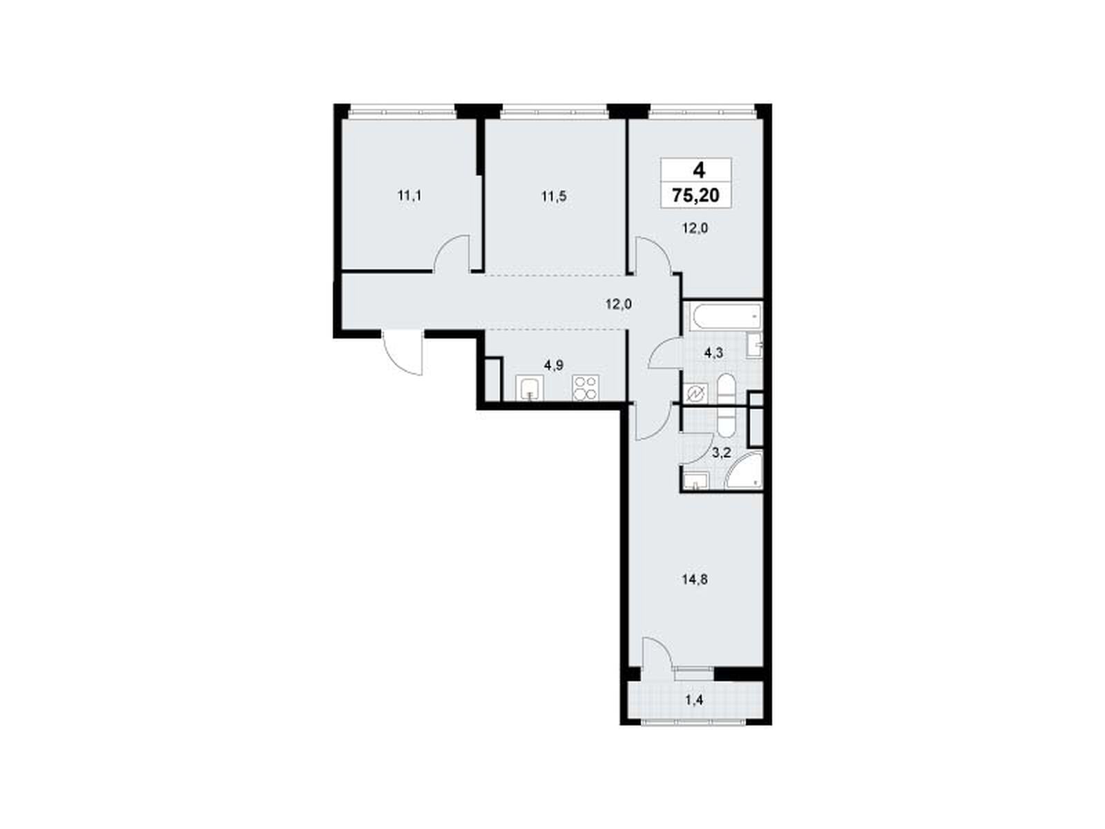 4-комнатная квартира, 75.2 кв.м, ЖК «Родные кварталы» 4-комнатная квартира, 75.2 кв.м, ЖК «Родные кварталы»