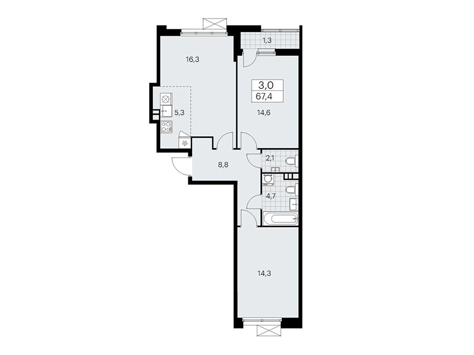 3-комнатная квартира, 67 кв.м, ЖК "Бунинские кварталы"