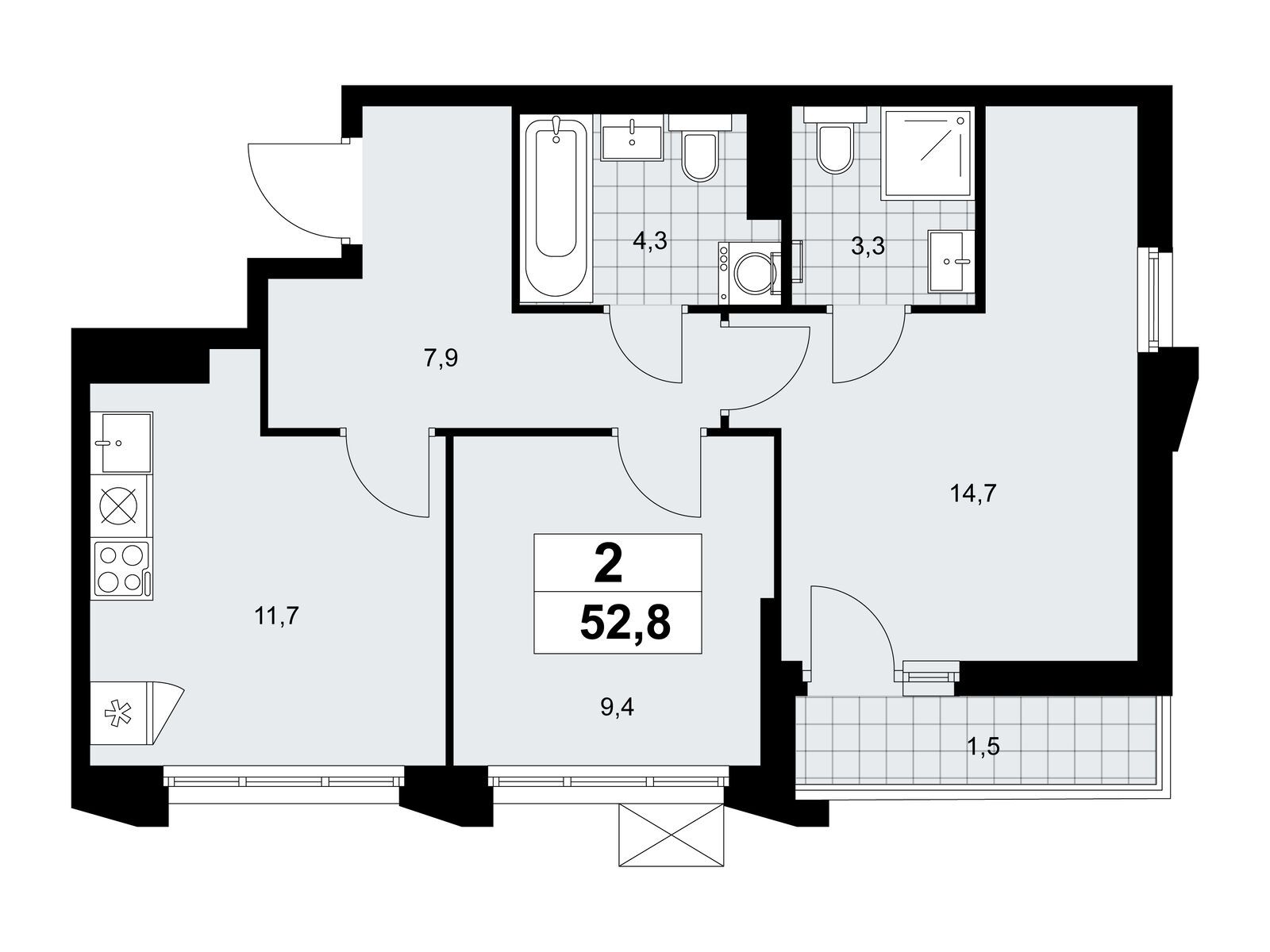 2-комнатная, 52.8 м2, ЖК «Деснаречье» 2-комнатная, 52.8 м2, ЖК «Деснаречье»