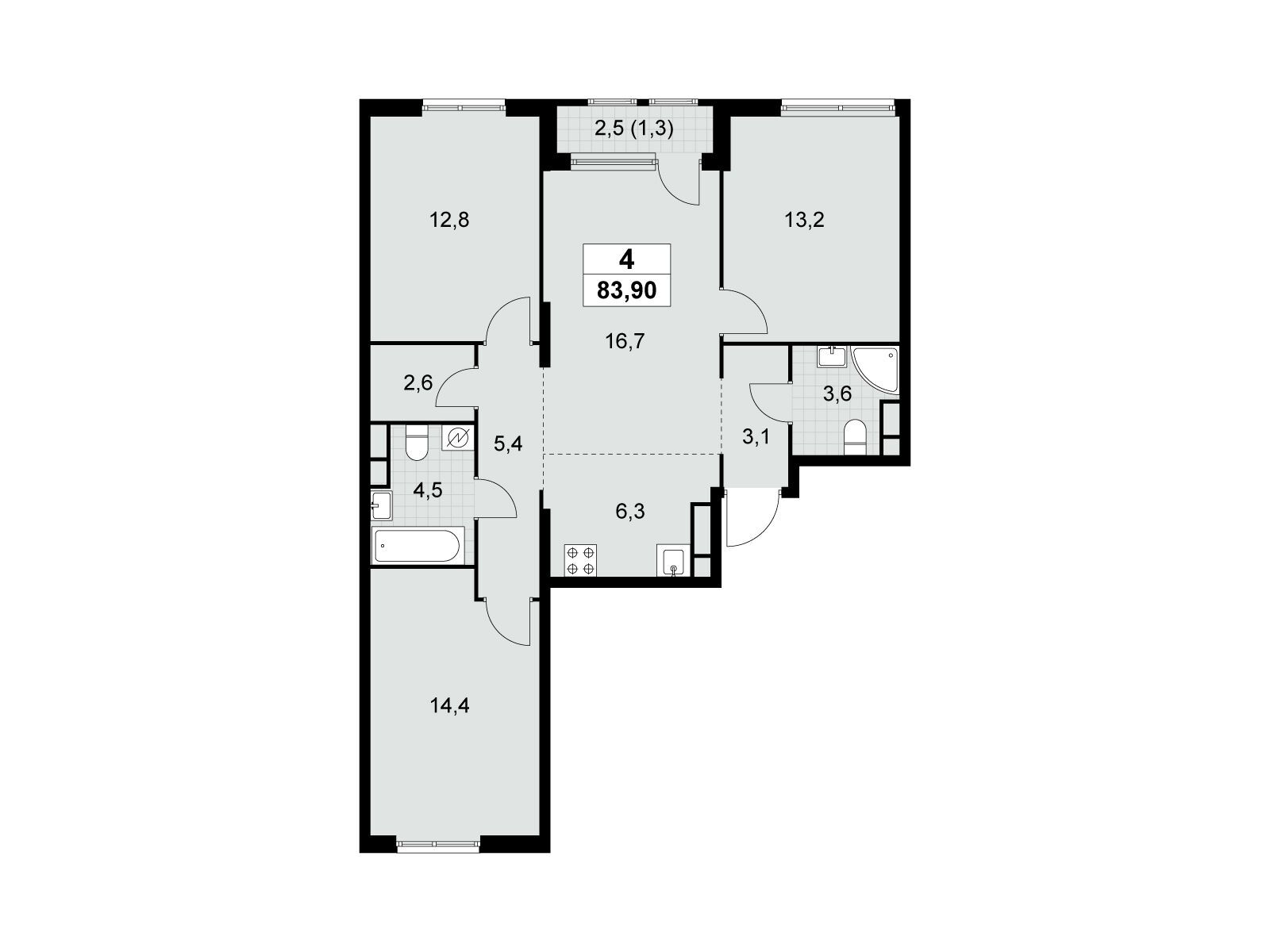 4-комнатная квартира, 83.9 кв.м, ЖК «Южные сады»