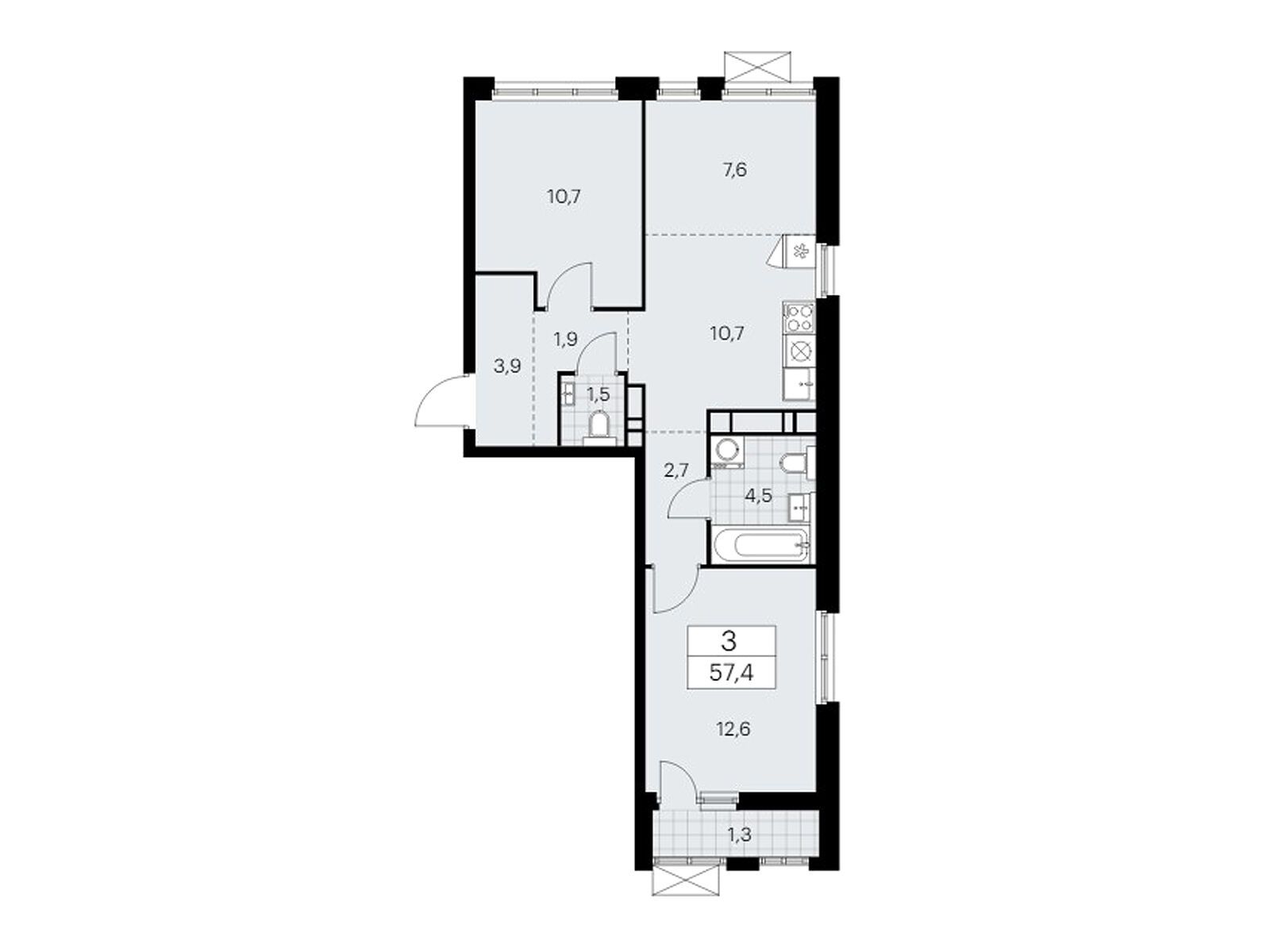 3-комнатная квартира, 57.4 кв.м, ЖК «Бунинские Кварталы»