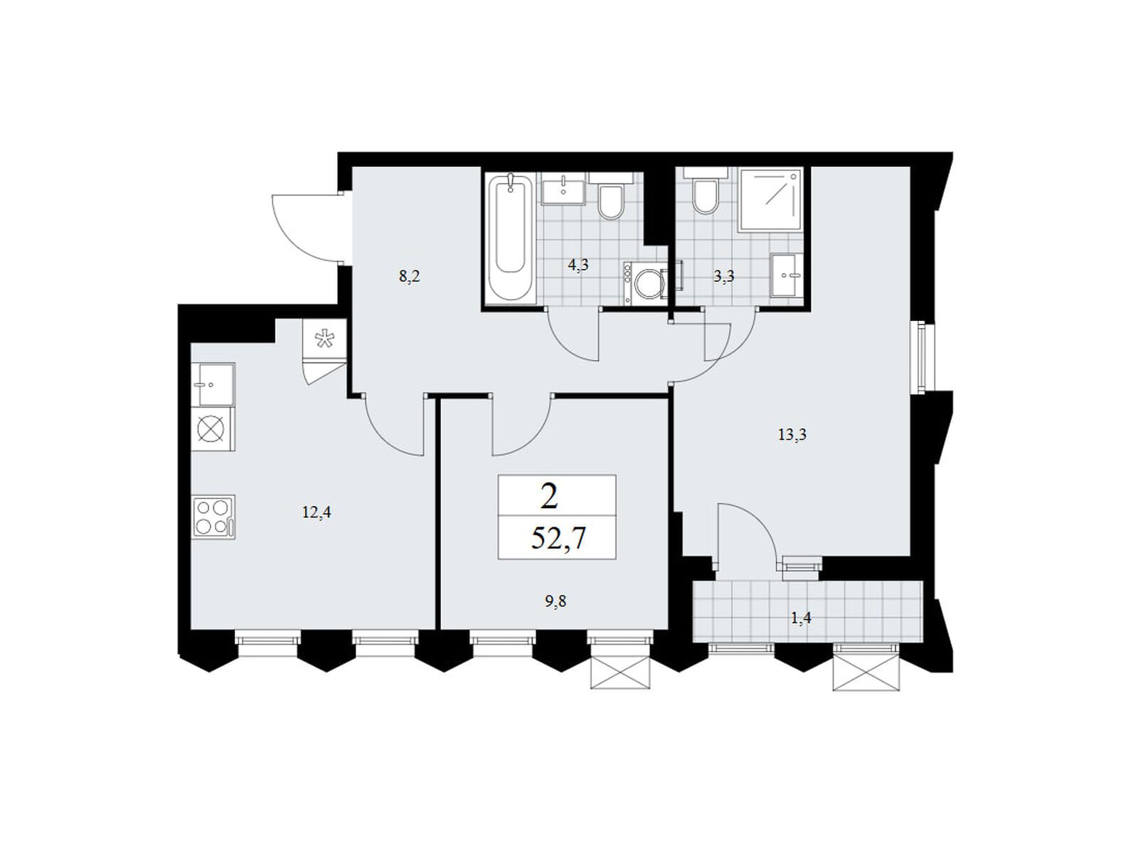 2-комнатная квартира, 52.7 кв.м, ЖК «Деснаречье»