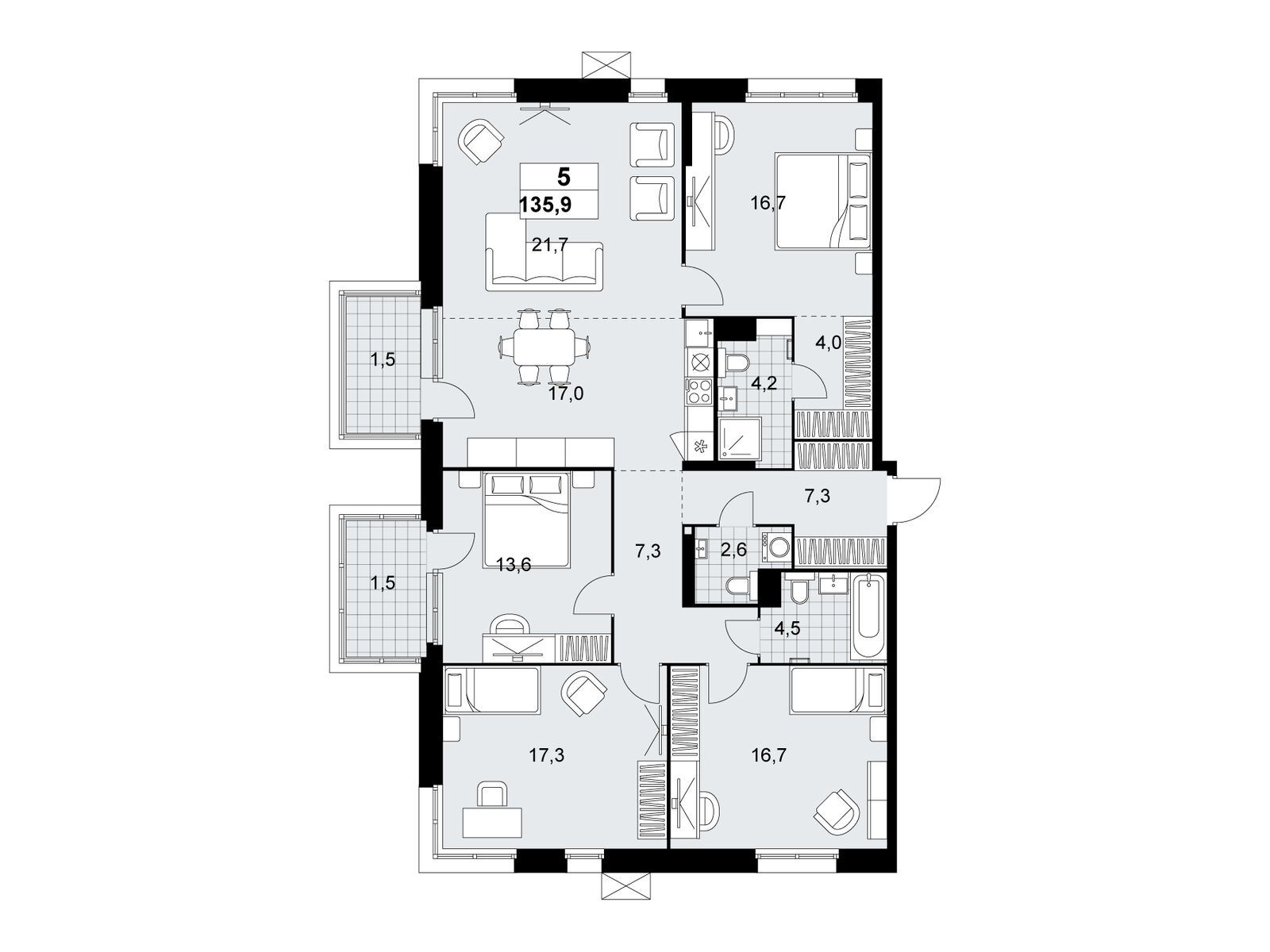 5-комнатная квартира, 135.9 кв.м, ЖК «Дзен-кварталы» 5-комнатная квартира, 135.9 кв.м, ЖК «Дзен-кварталы»