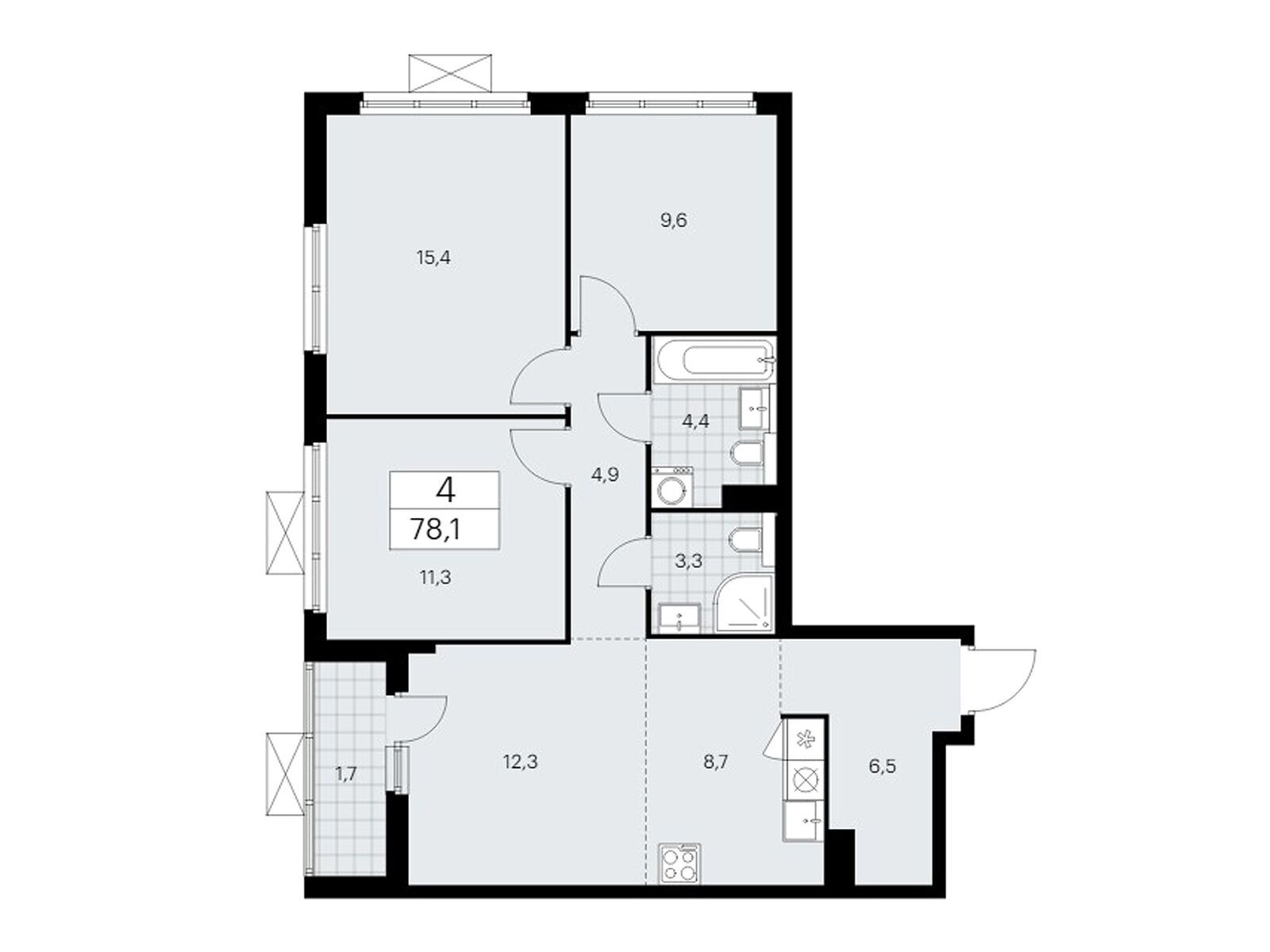 4-комнатная, 77.8 м2, ЖК «Бунинские Кварталы»