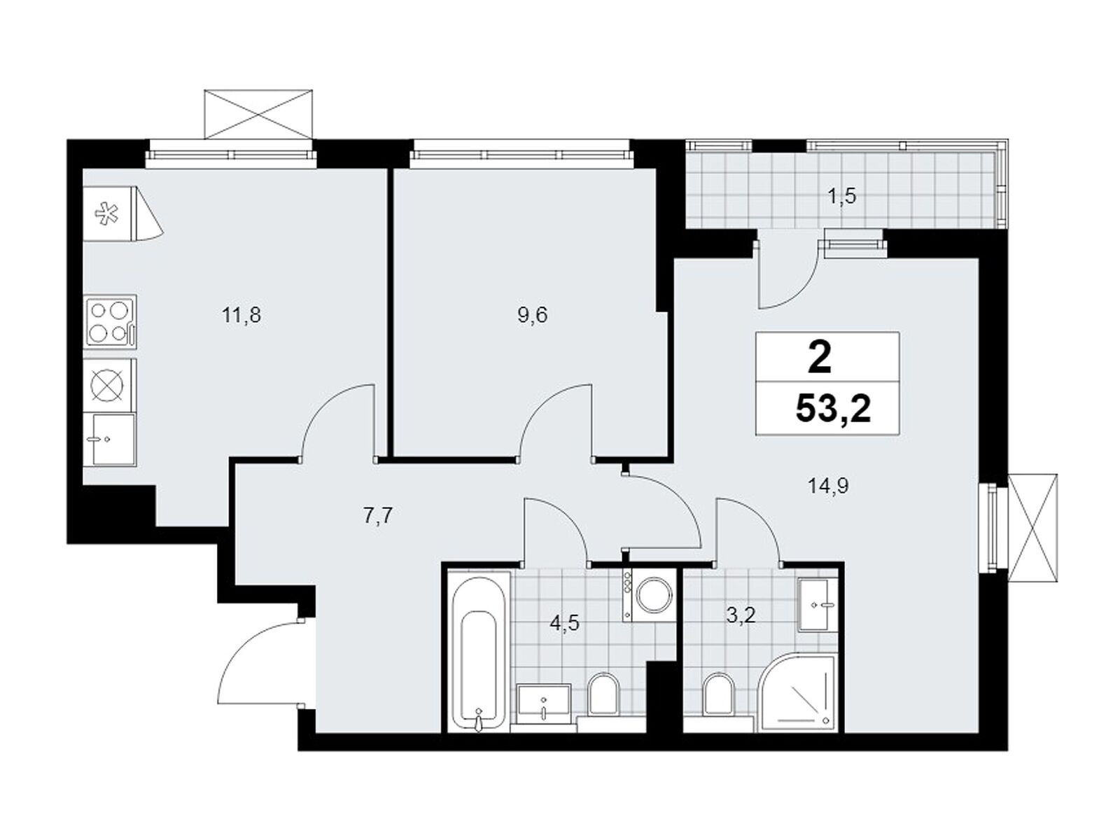 2-комнатная квартира, 53 кв.м, ЖК «Бунинские Кварталы»