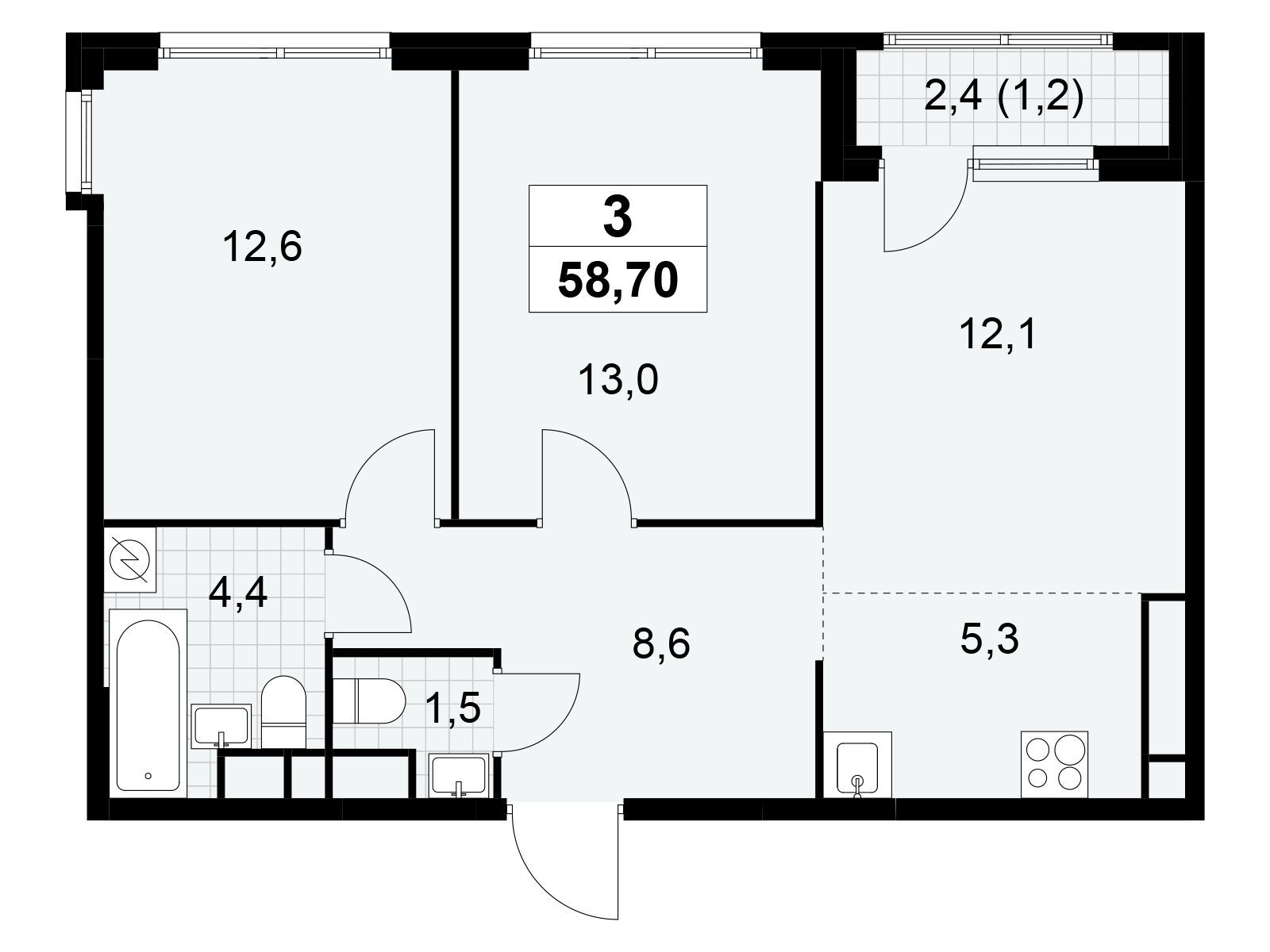 3-комнатная, 58.7 м2, ЖК «Южные сады» 3-комнатная, 58.7 м2, ЖК «Южные сады»
