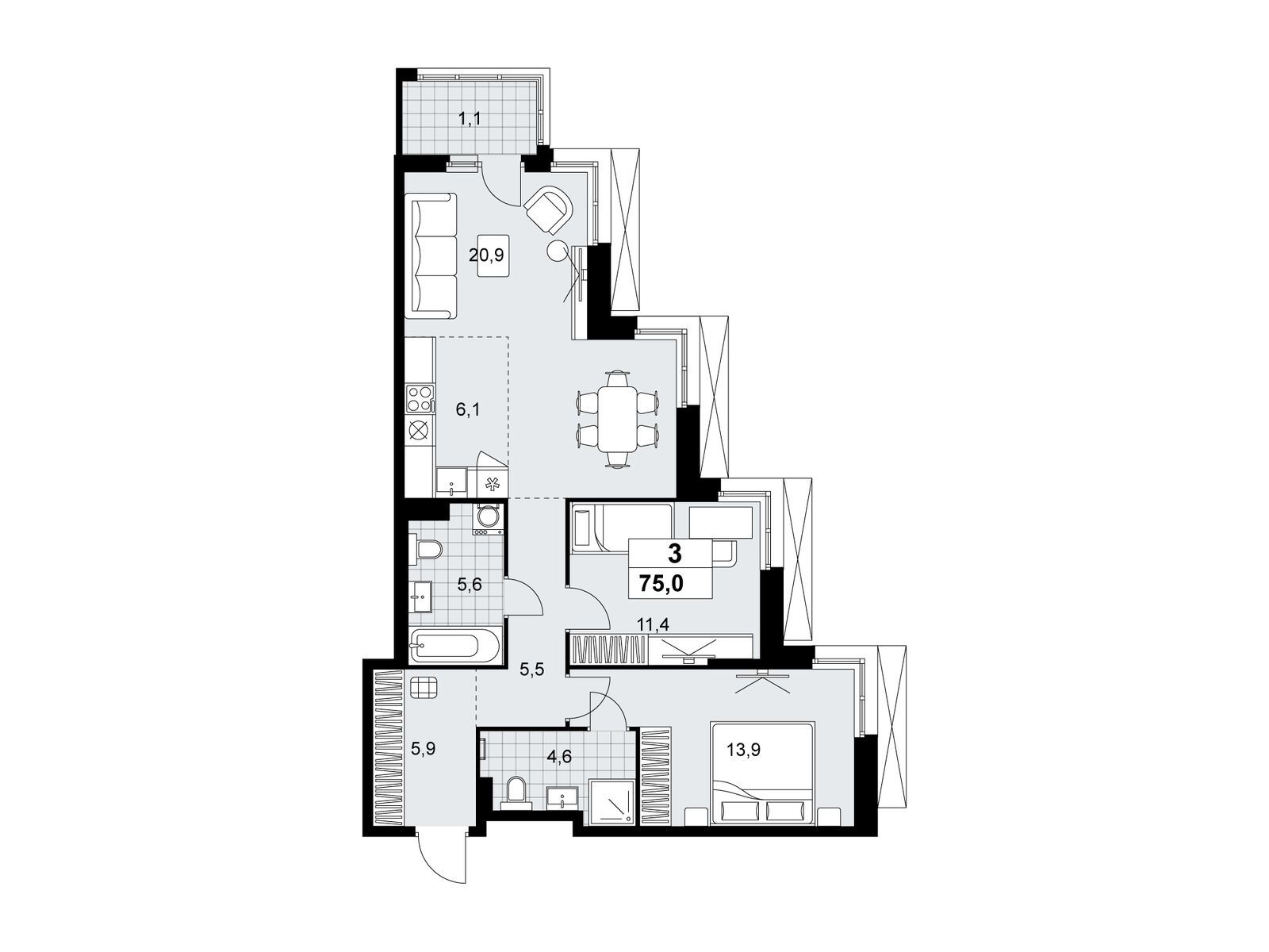 3-комнатная, 75 м2, ЖК «Дзен-кварталы» 3-комнатная, 75 м2, ЖК «Дзен-кварталы»