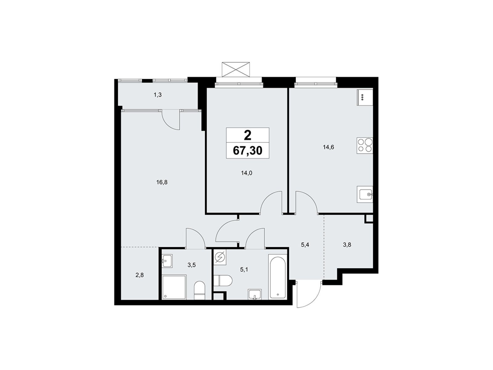 2-комнатная, 67.3 м2, «Дом на Зорге»