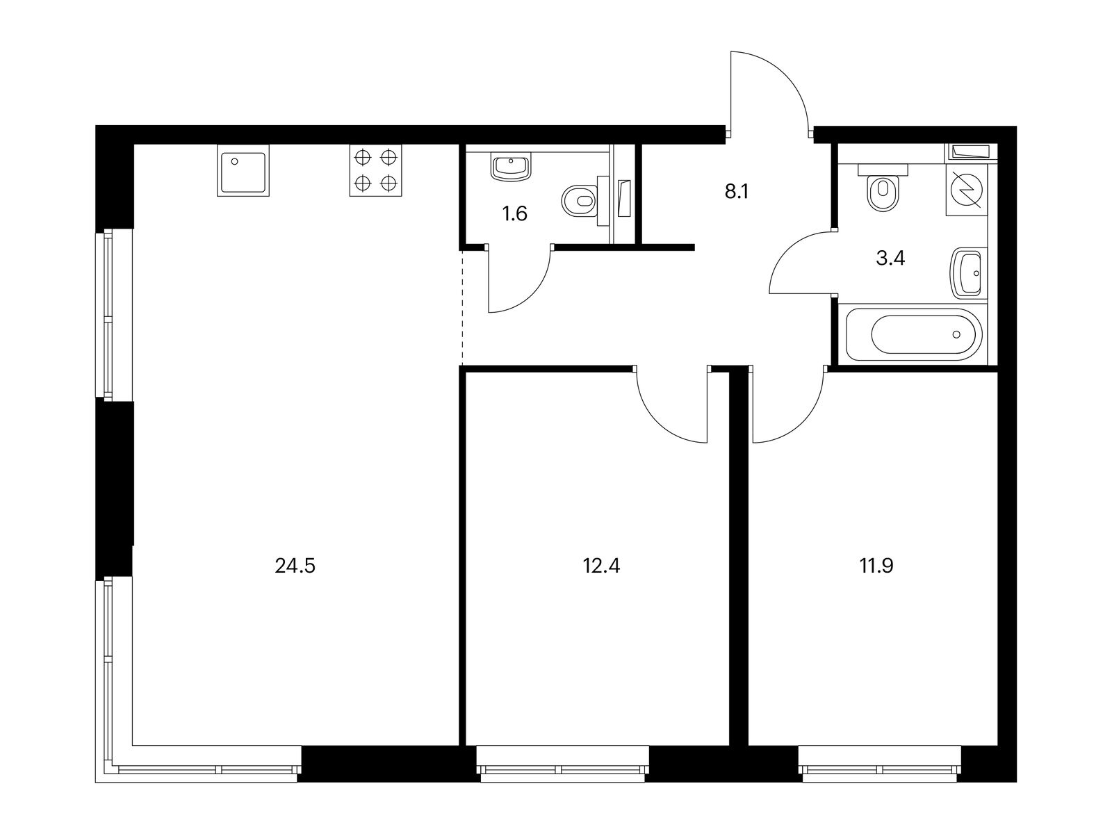 2-комнатная квартира, 61.9 кв.м, Вангарден