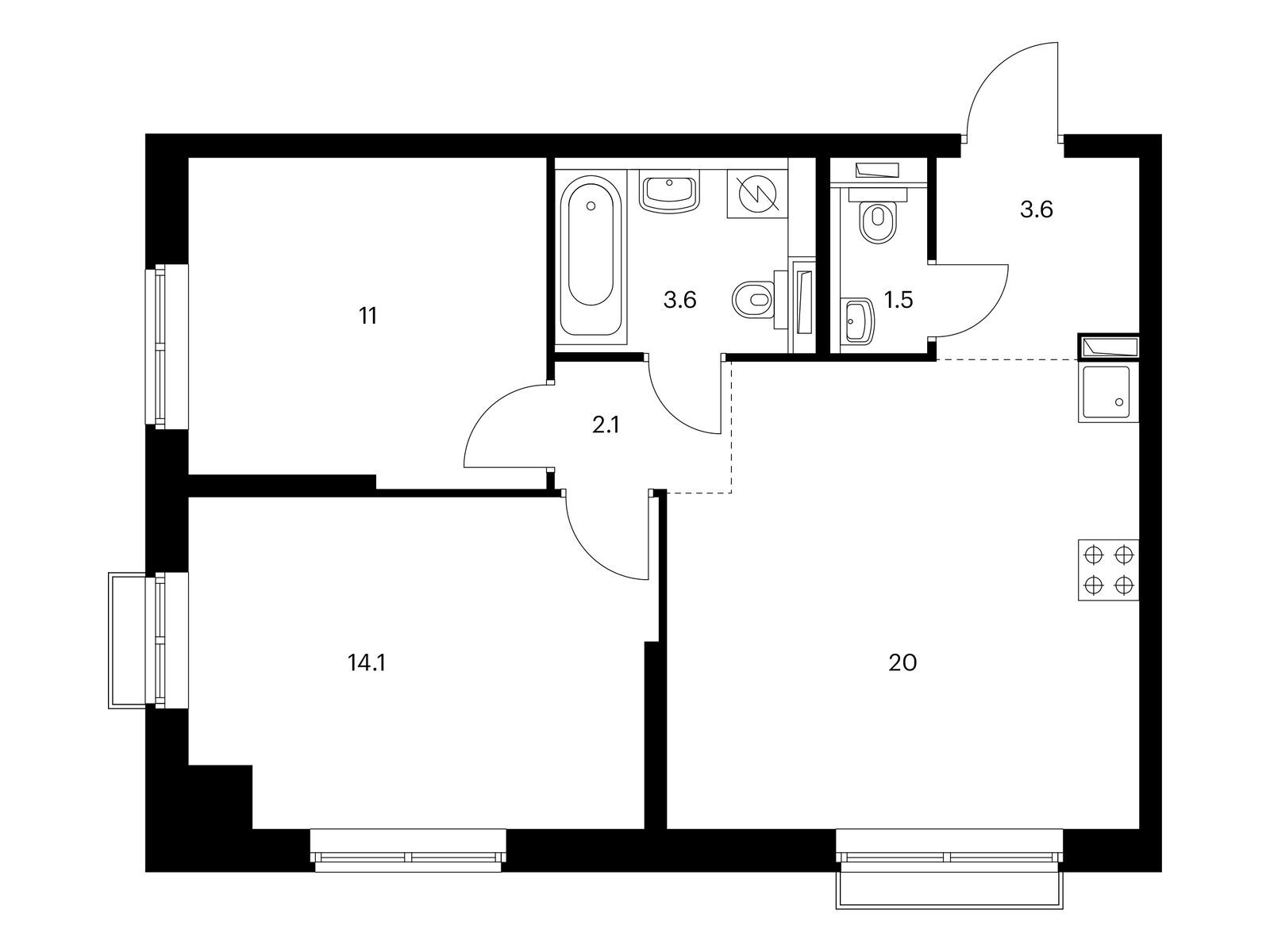 2-комнатная, 55.9 м2, Красноказарменная 15