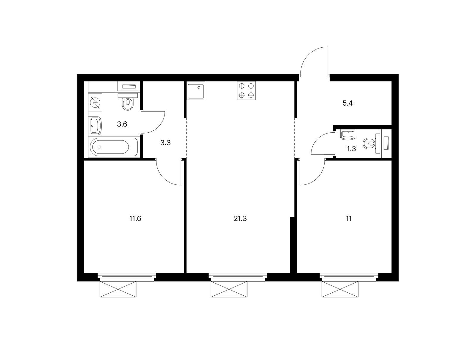 2-комнатная квартира, 57.5 кв.м, Ютаново