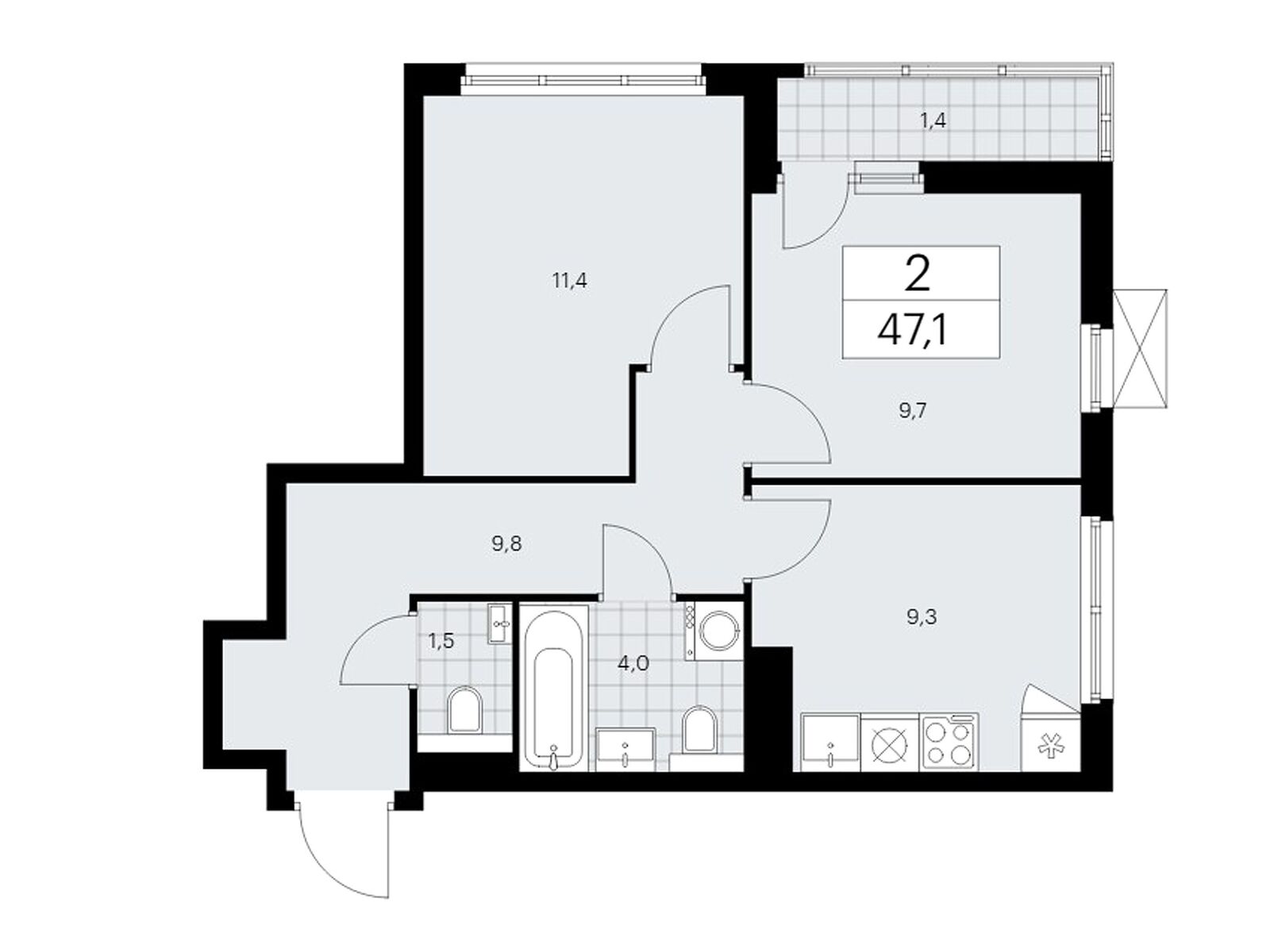 2-комнатная квартира, 47 кв.м, ЖК «Бунинские Кварталы»