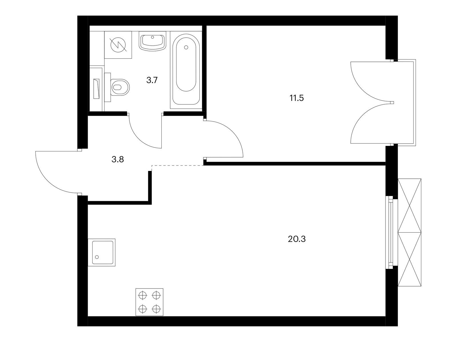 1-комнатная, 39.3 м2, Красноказарменная 15