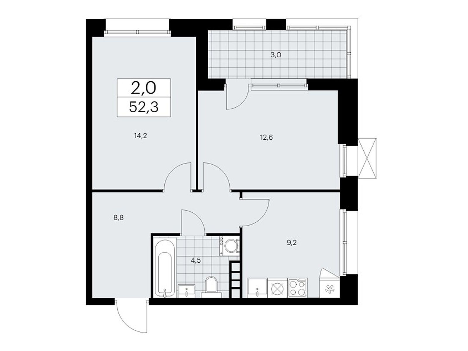 2-комнатная квартира, 52.1 кв.м, ЖК "Бунинские кварталы"