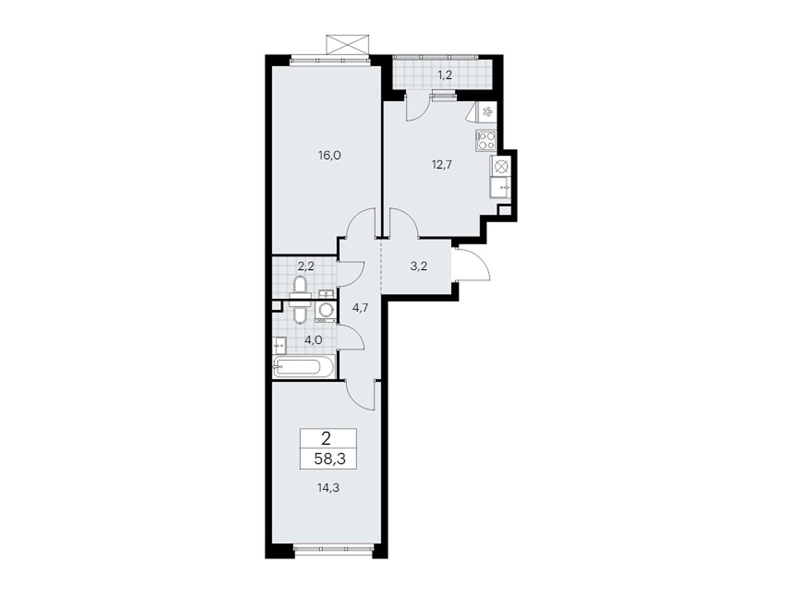 2-комнатная, 58.3 м2, ЖК «Бунинские Кварталы»