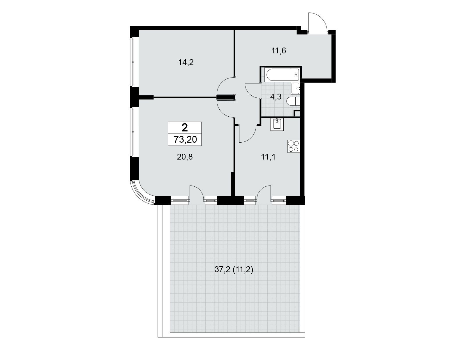 2-комнатная, 73 м2, ЖК «Прокшино»