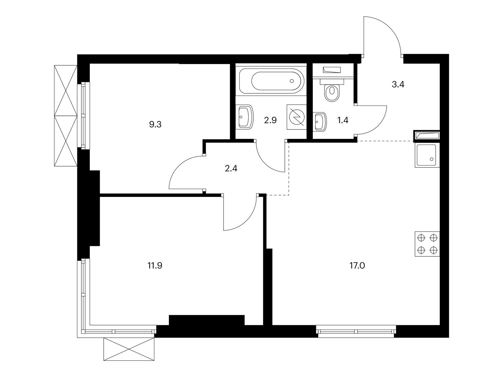2-комнатная квартира, 48.3 кв.м, Руставели 14