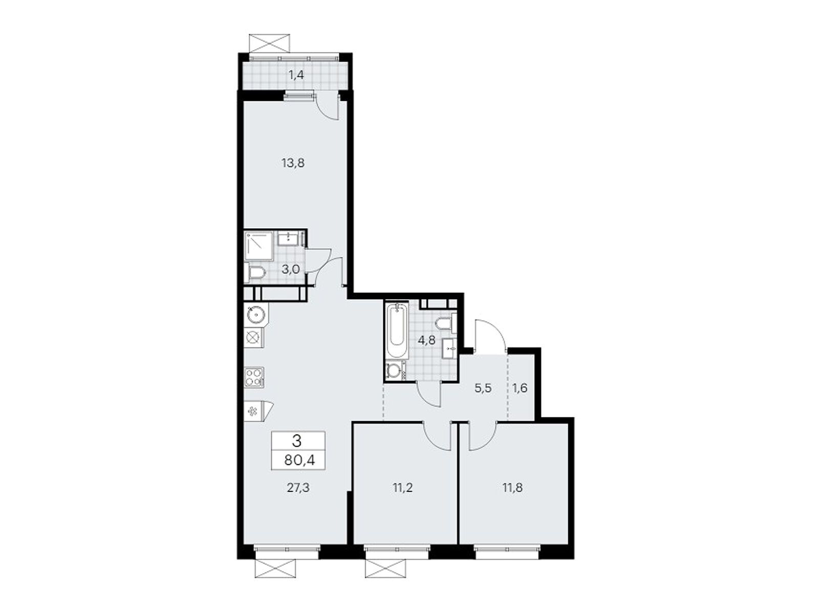3-комнатная, 80.4 м2, ЖК «Скандинавия»
