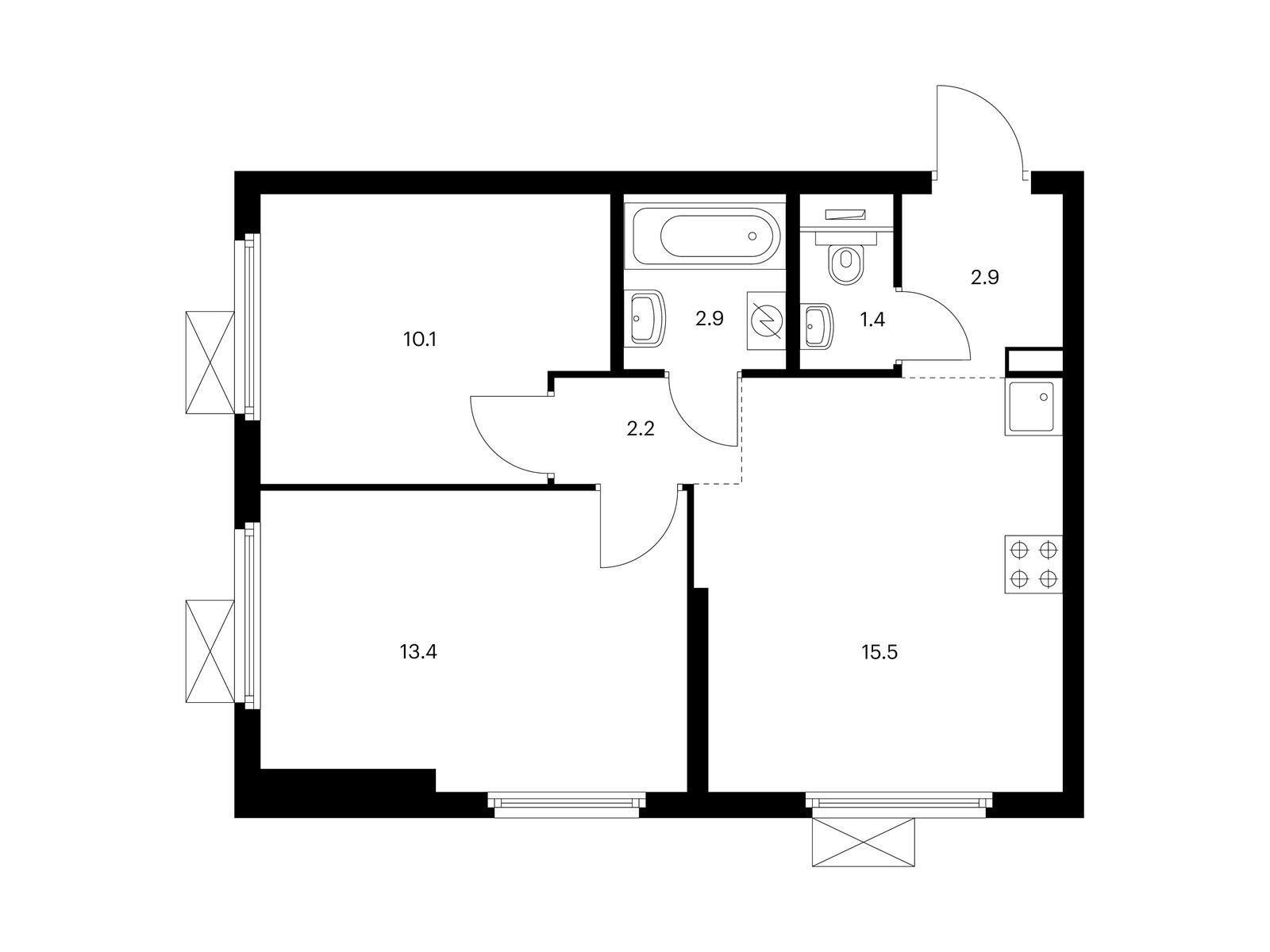 2-комнатная квартира, 48.4 кв.м, Сигнальный 16